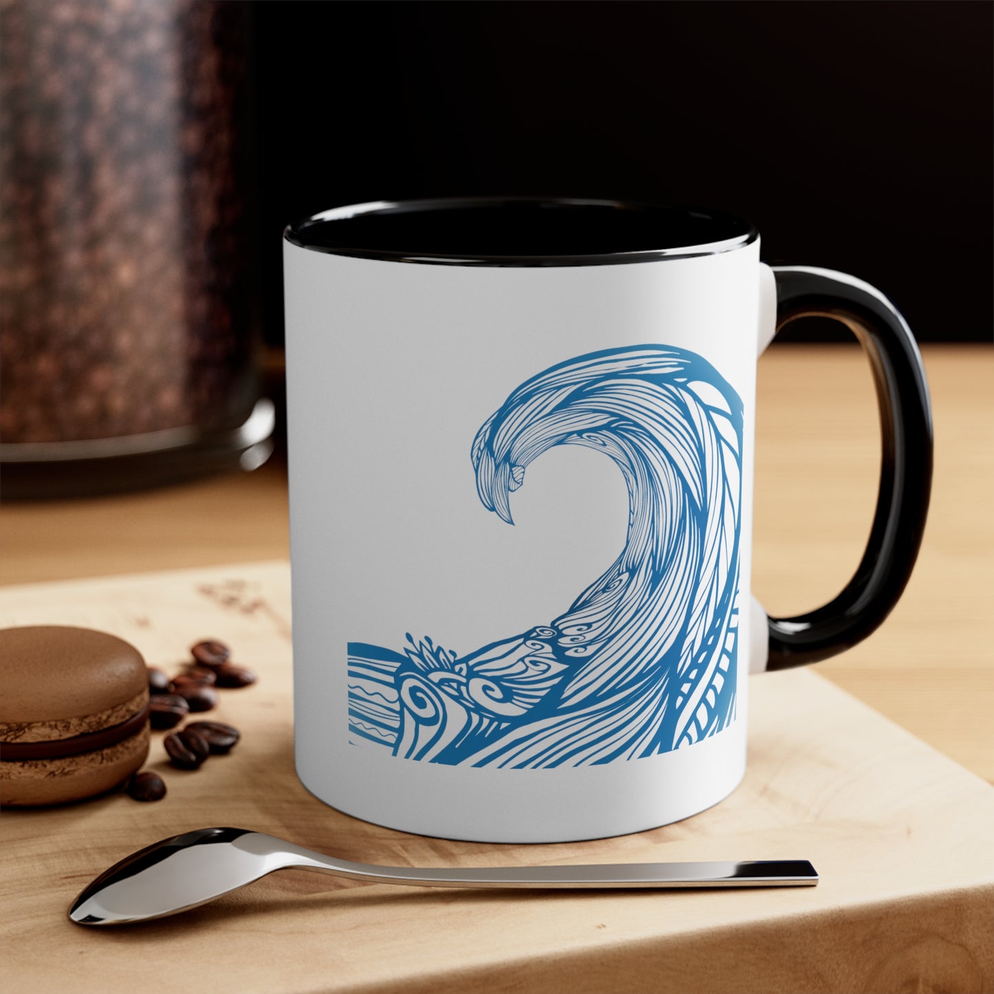 Under The Wave Coffee Mug - Double Sided Black Accent White Ceramic 11oz by TheGlassyLass.com