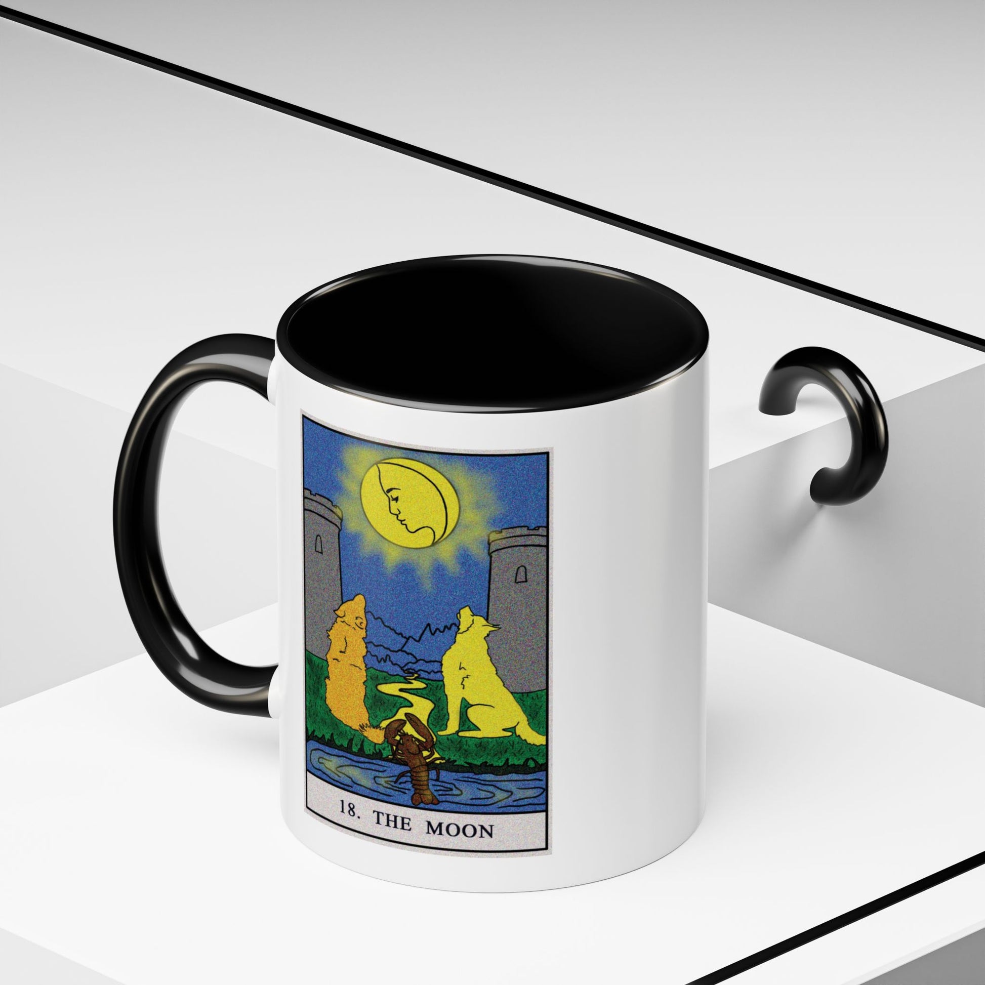 The Moon Tarot Card Coffee Mug - Double Sided Print, Black Accent White Ceramic, 11oz by TheGlassyLass.com