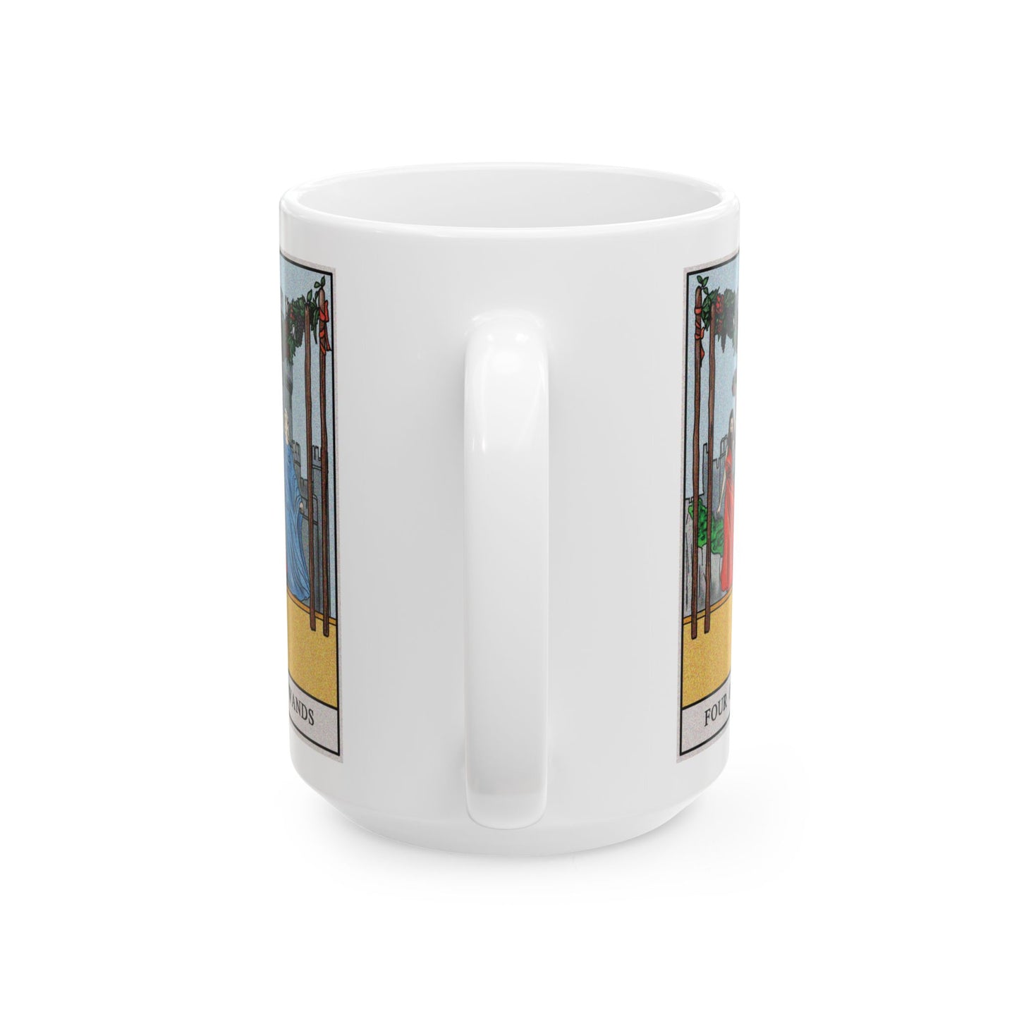 Four of Wands Tarot Card Coffee Mug - Double Sided White Ceramic 15oz by TheGlassyLass.com
