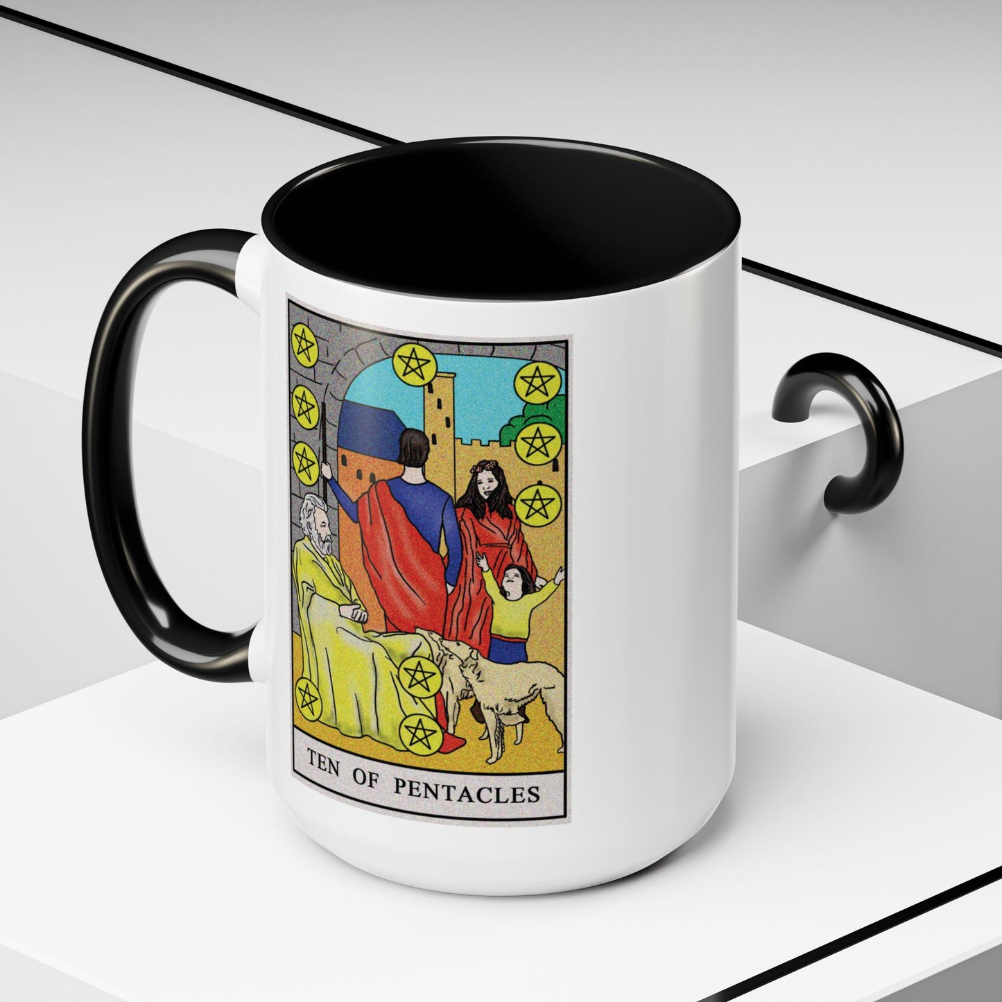 Ten of Pentacles Tarot Card Coffee Mug - Double Sided Black Accent White Ceramic 15oz by TheGlassyLass.com