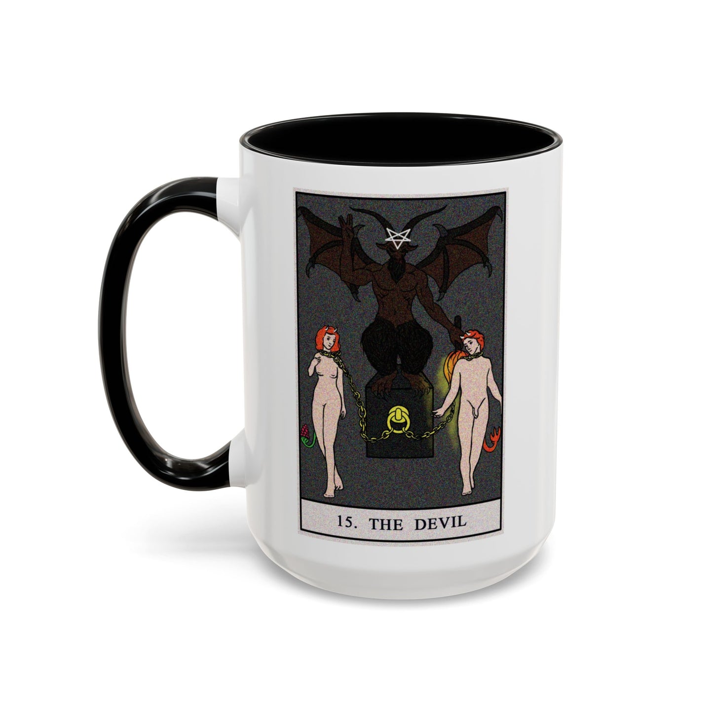 The Devil Tarot Card Coffee Mug - Double Sided Black Accent White Ceramic 15oz by TheGlassyLass.com