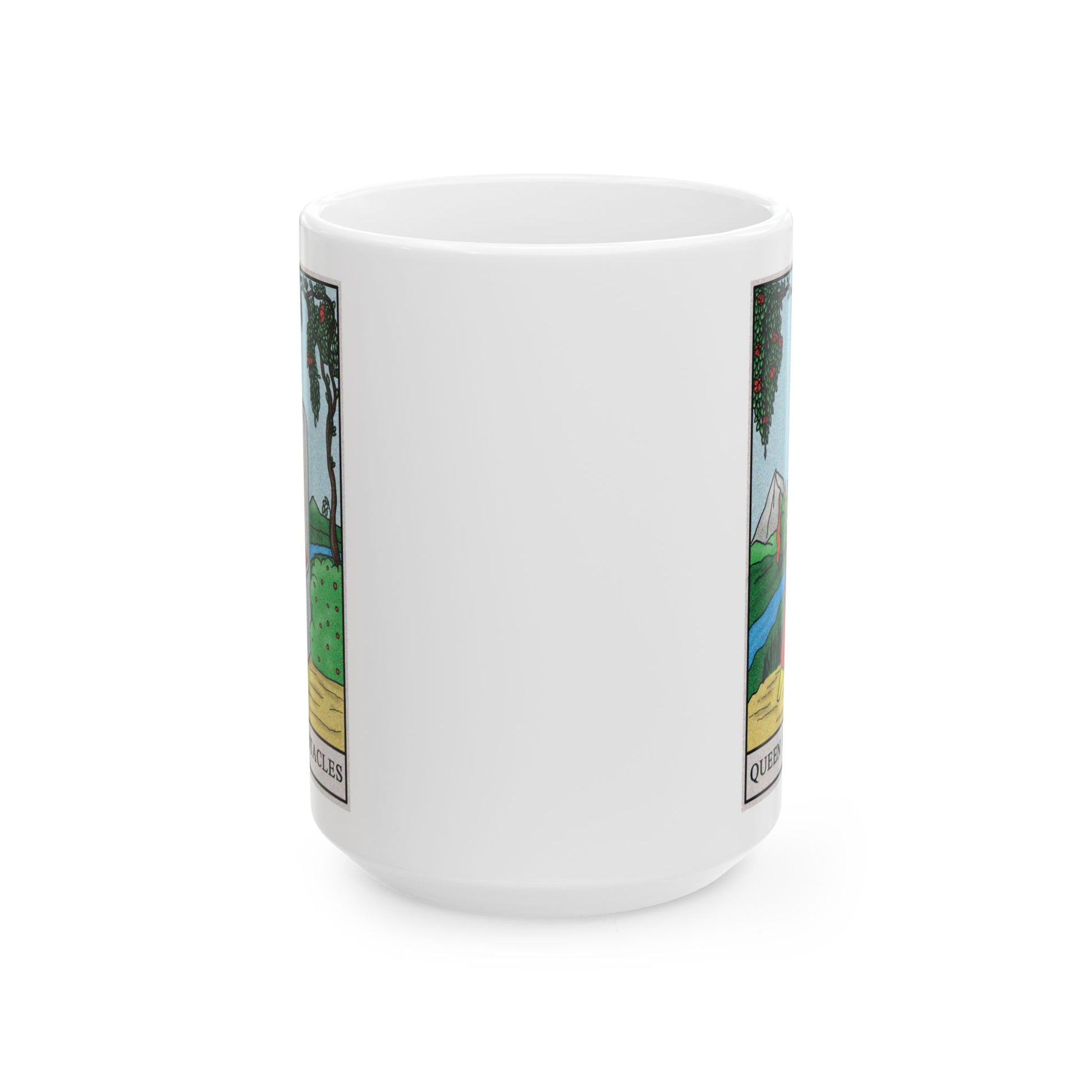 Queen of Pentacles Tarot Card Coffee Mug - Double Sided White Ceramic 15oz by TheGlassyLass.com