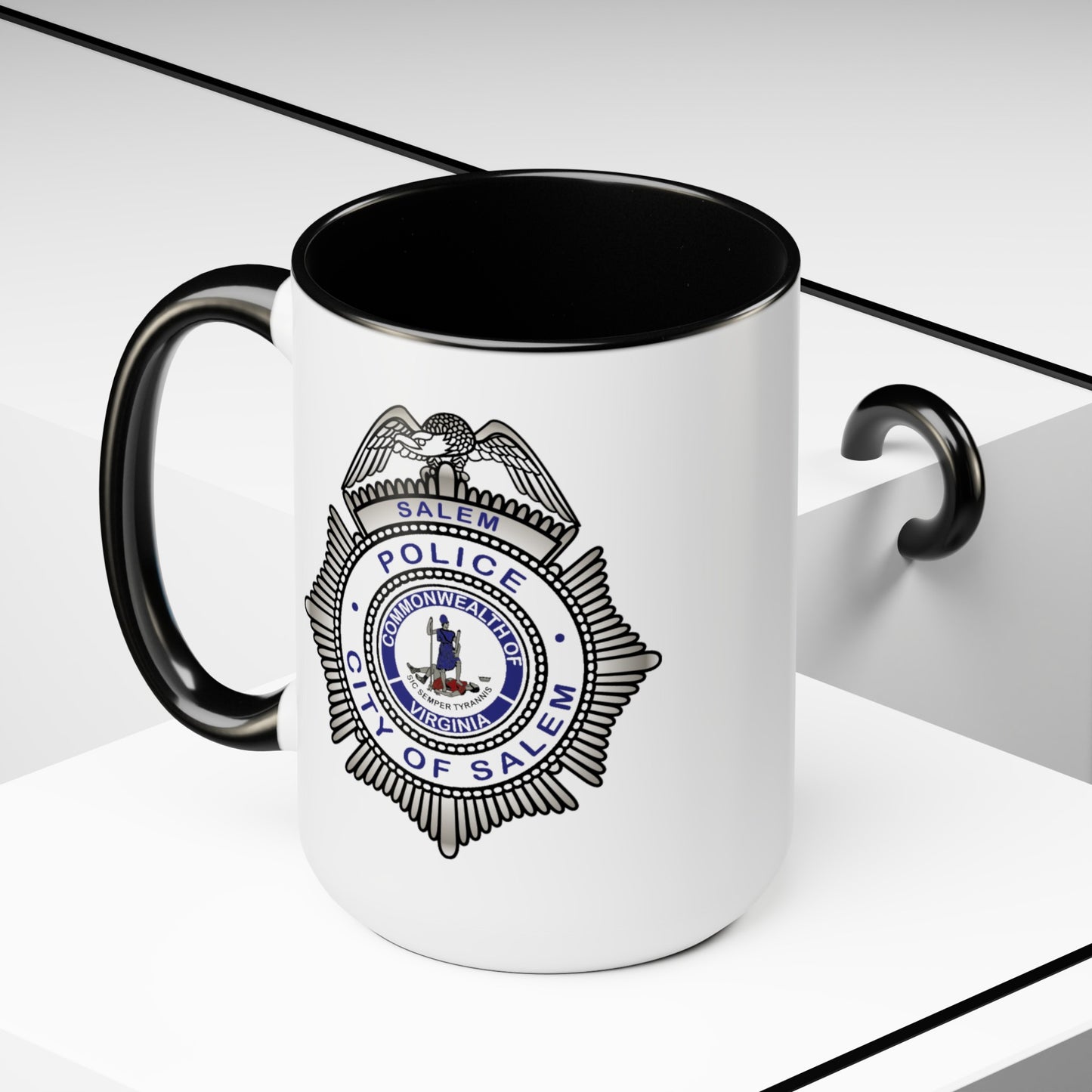 Salem Police Coffee Mug - Double Sided Black Accent White Ceramic 15oz by TheGlassyLass.com