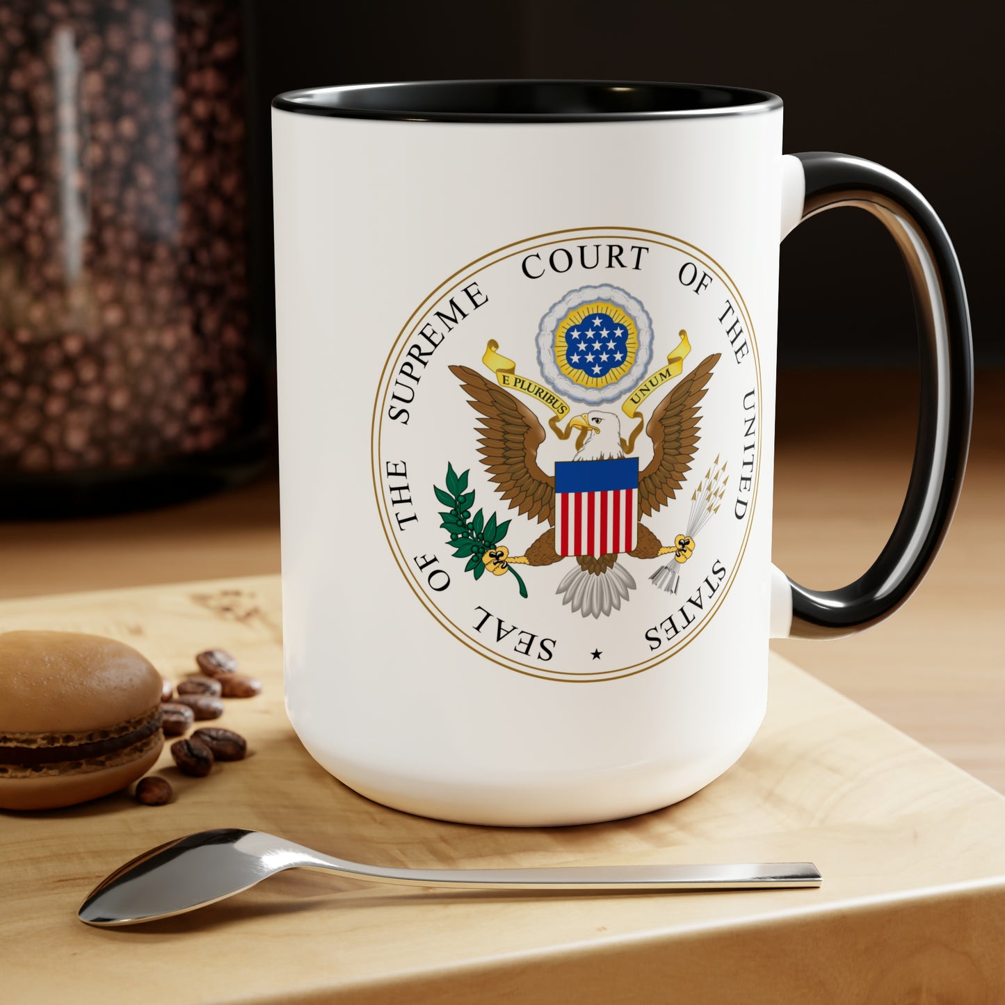 US Supreme Court Seal Coffee Mug - Double Sided Black Accent White Ceramic 15oz by TheGlassyLass.com