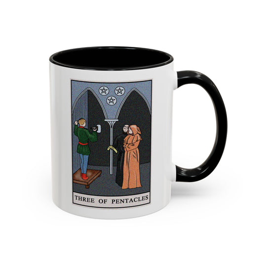 Three of Pentacles Tarot Card Coffee Mug - Double Sided Print, Black Accent White Ceramic, 11oz by TheGlassyLass.com
