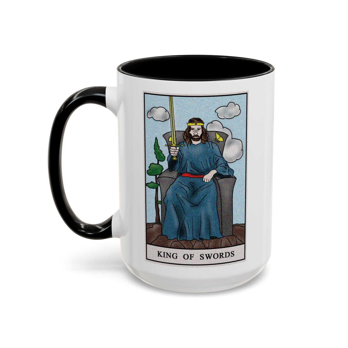 King of Swords Tarot Card Coffee Mug - Double Sided Black Accent White Ceramic 15oz by TheGlassyLass.com