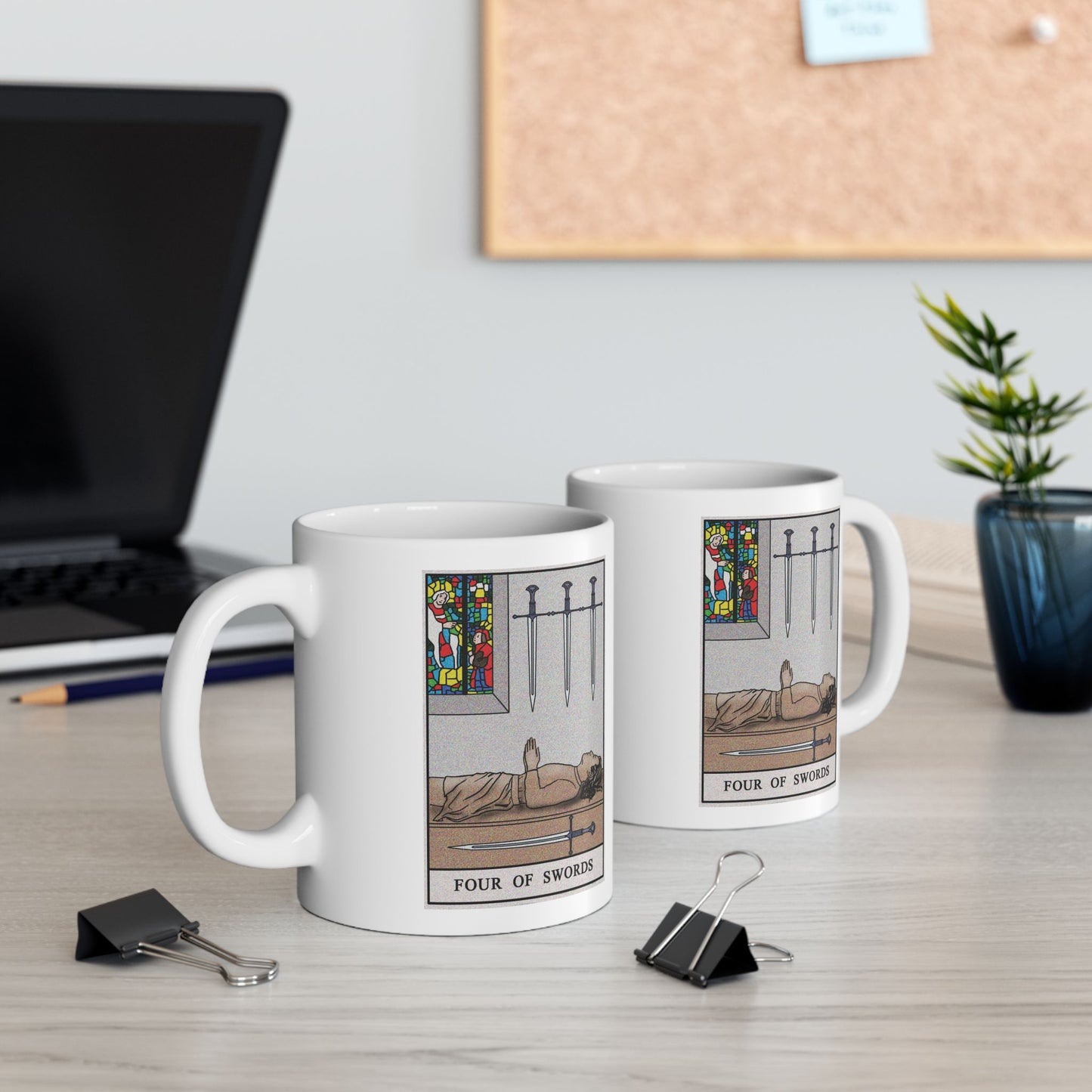 Four of Swords Tarot Card Coffee Mug - Double Sided Print, White Ceramic, 11oz by TheGlassyLass.com