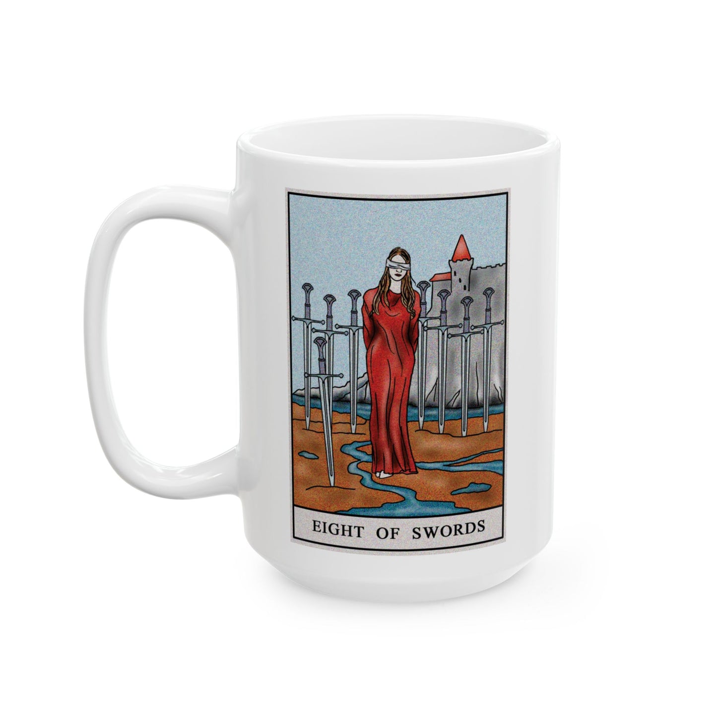 Eight of Swords Tarot Card Coffee Mug - Double Sided White Ceramic 15oz by TheGlassyLass.com