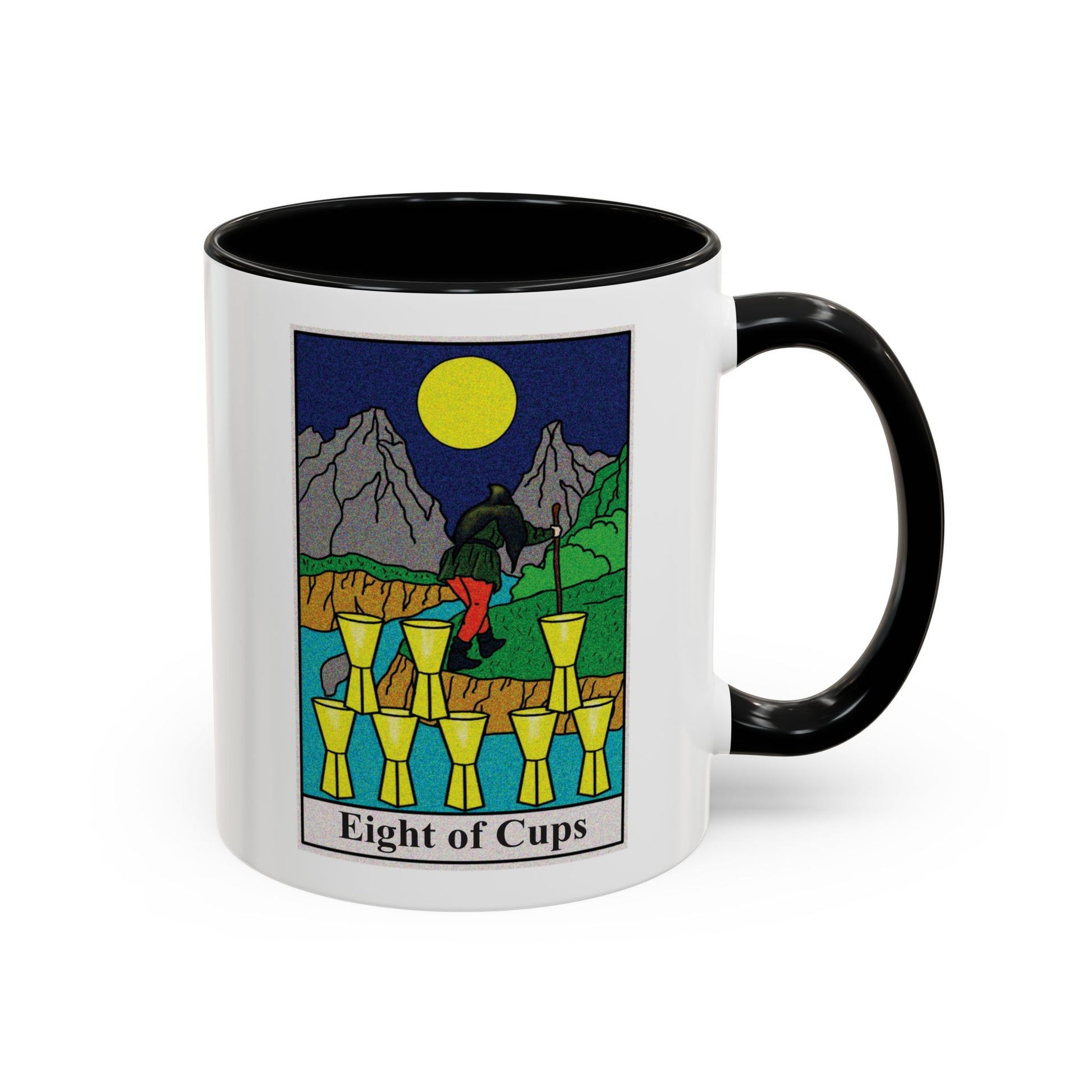 Eight of Cups Tarot Card Coffee Mug - Double Sided Print, Black Accent White Ceramic, 11oz by TheGlassyLass.com