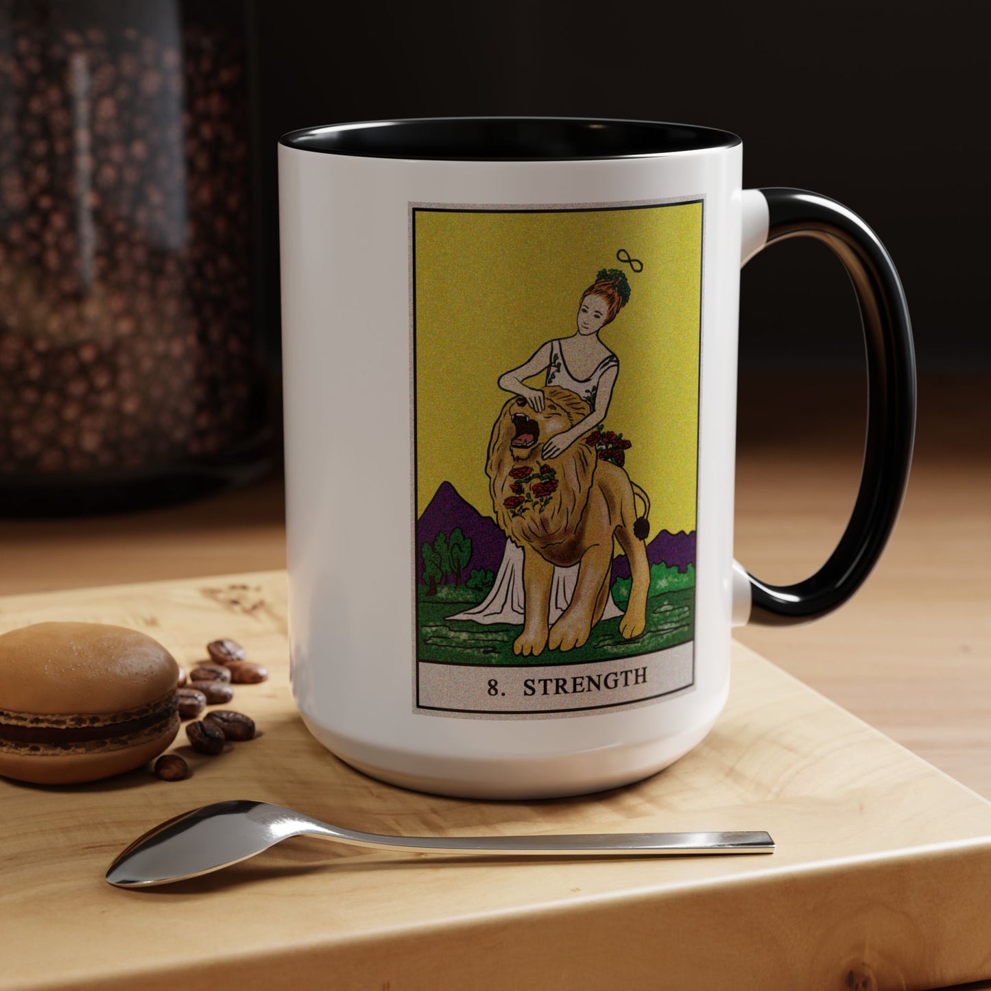 Strength Tarot Card Coffee Mug - Double Sided Black Accent White Ceramic 15oz by TheGlassyLass.com