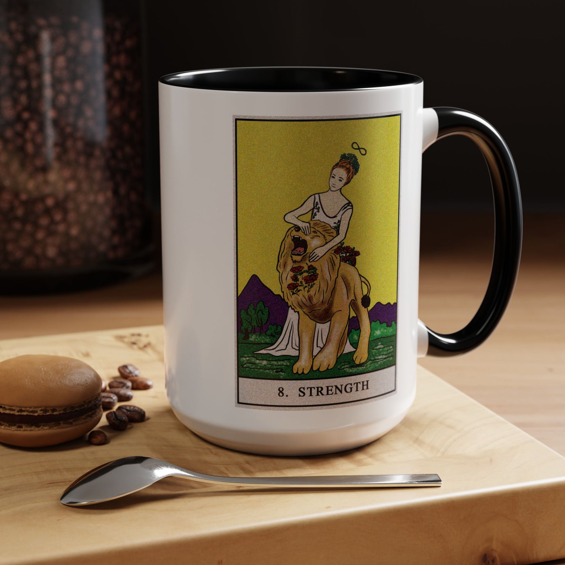 Strength Tarot Card Coffee Mug - Double Sided Black Accent White Ceramic 15oz by TheGlassyLass.com