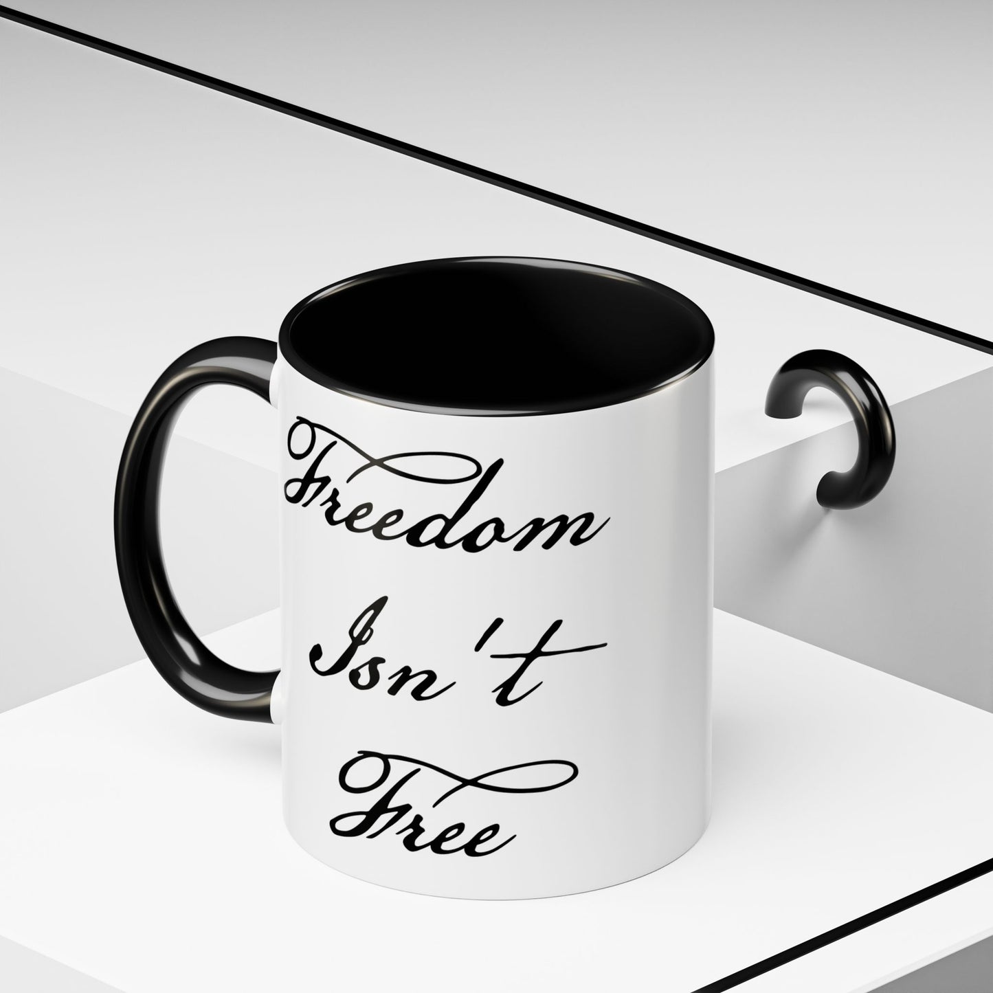 Freedom Isn't Free Coffee Mug - Double Sided Black Accent White Ceramic 11oz by TheGlassyLass.com