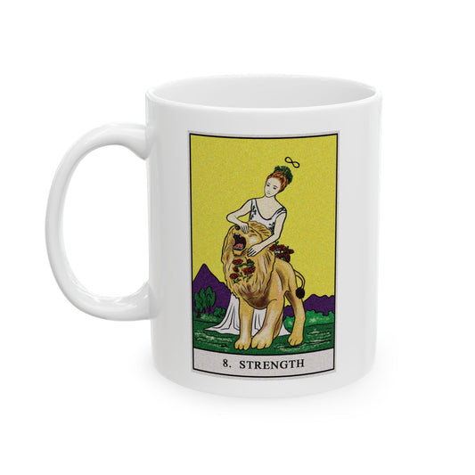 Strength Tarot Card Coffee Mug - Double Sided Print, White Ceramic, 11oz by TheGlassyLass.com