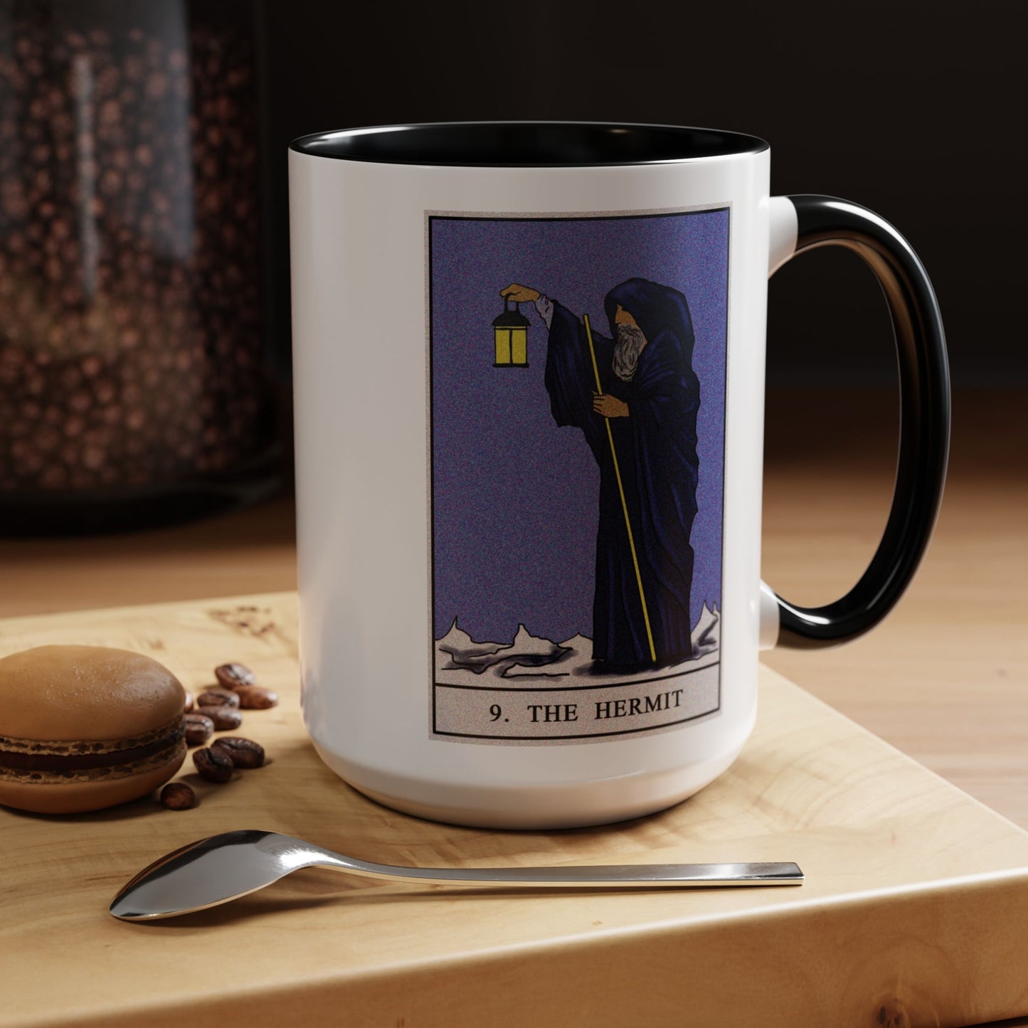 The Hermit Tarot Card Coffee Mug - Double Sided Black Accent White Ceramic 15oz by TheGlassyLass.com