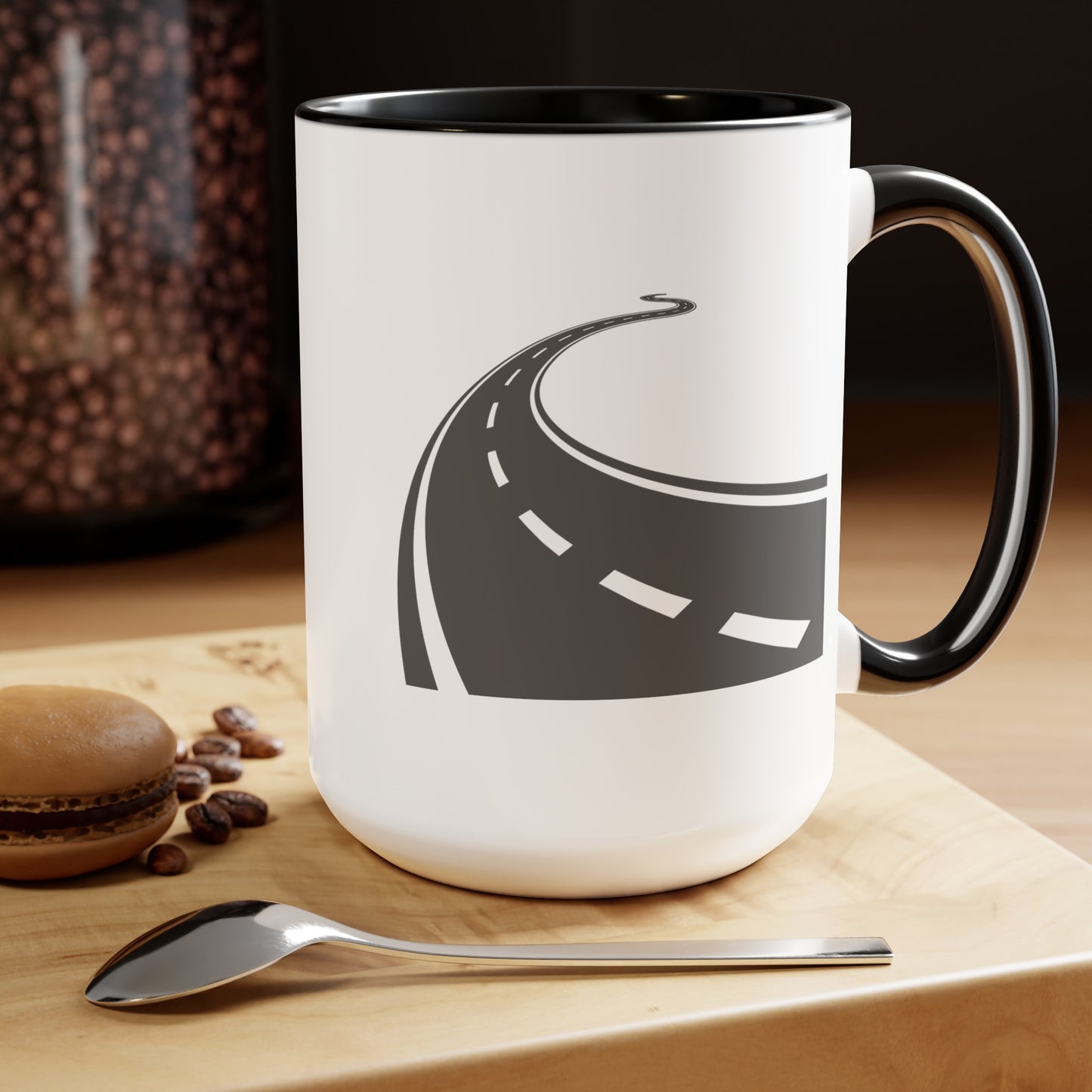 Long and Winding Road Coffee Mugs - Double Sided Black Accent White Ceramic 15oz by TheGlassyLass.com