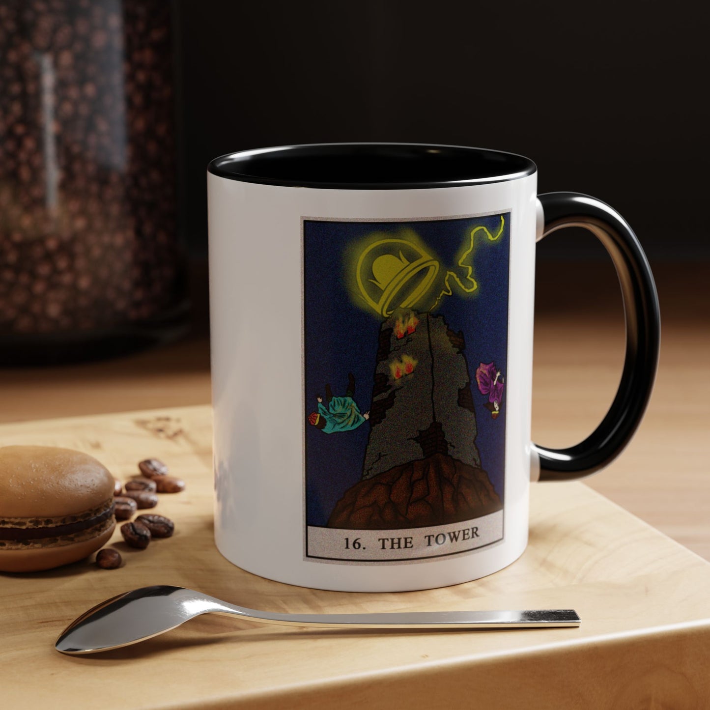The Tower Tarot Card Coffee Mug - Double Sided Print, Black Accent White Ceramic, 11oz by TheGlassyLass.com
