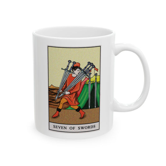 Seven of Swords Tarot Card Coffee Mug - Double Sided Print, White Ceramic, 11oz by TheGlassyLass.com