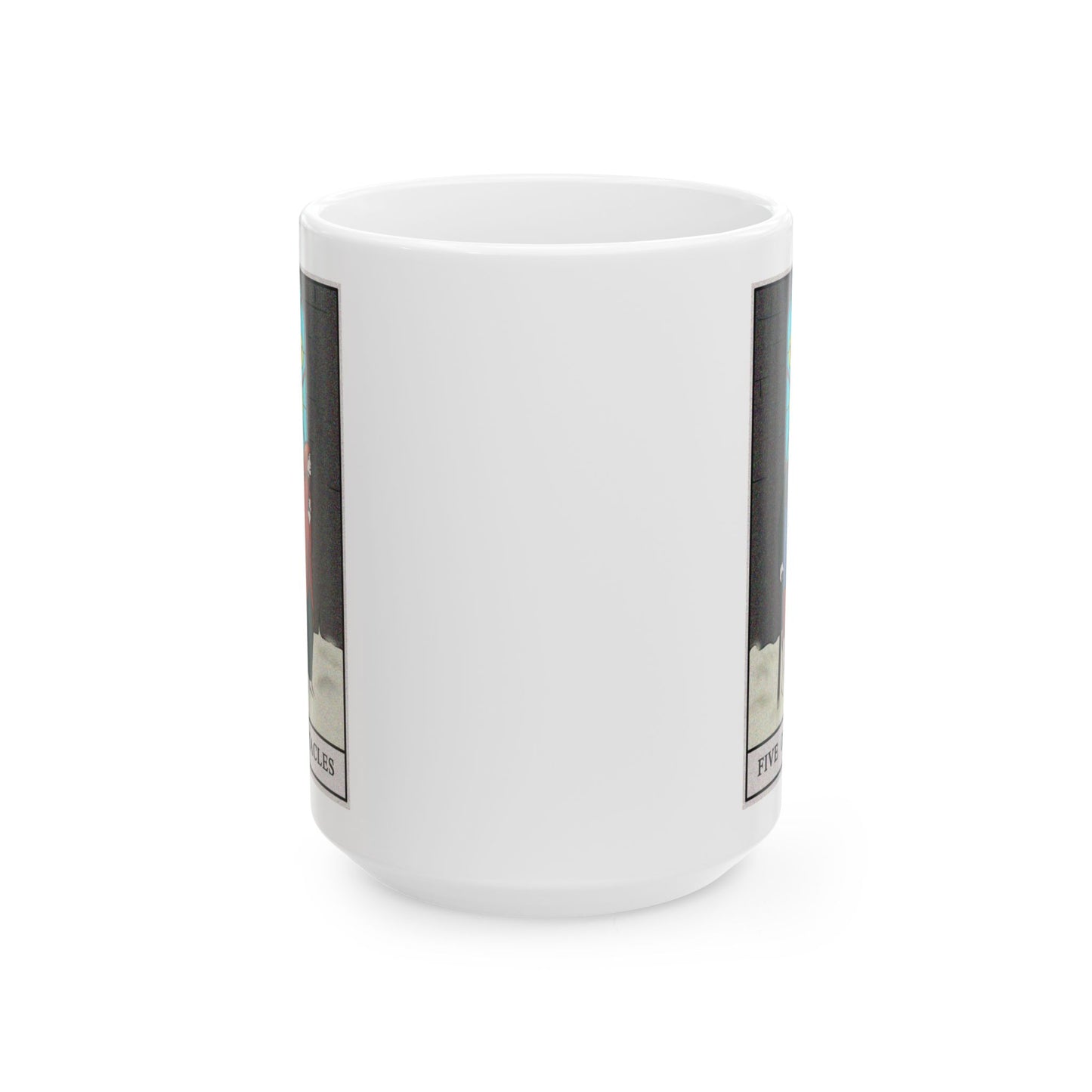 Five of Pentacles Tarot Card Coffee Mug - Double Sided White Ceramic 15oz by TheGlassyLass.com