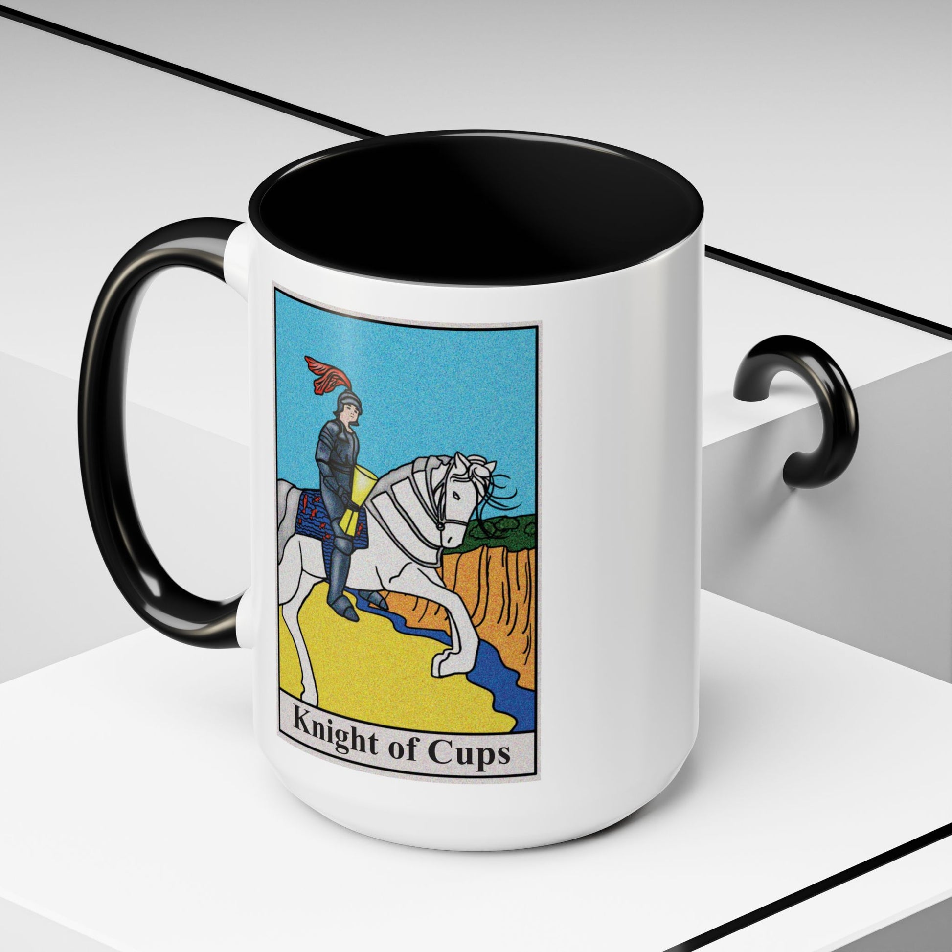 Knight of Cups Tarot Card Coffee Mug - Double Sided Black Accent White Ceramic 15oz by TheGlassyLass.com