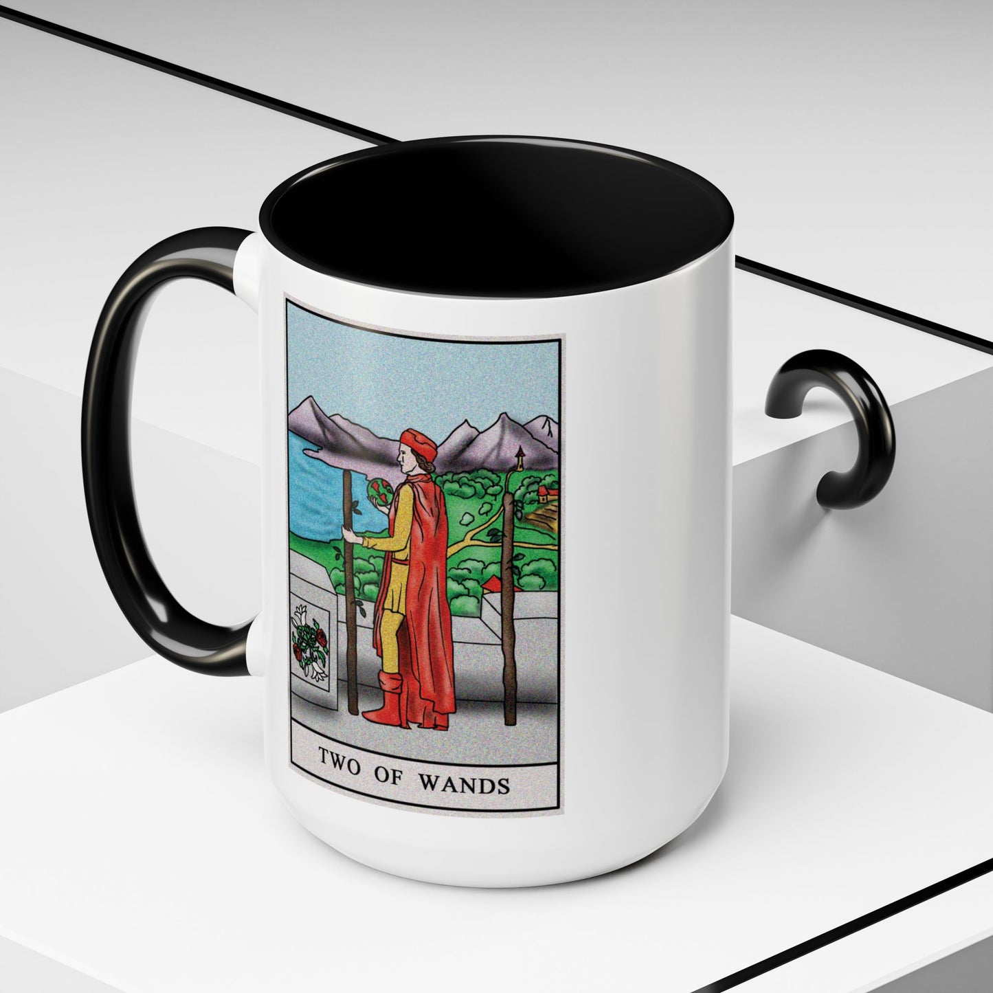 Two of Wands Tarot Card Coffee Mug - Double Sided Black Accent White Ceramic 15oz by TheGlassyLass.com