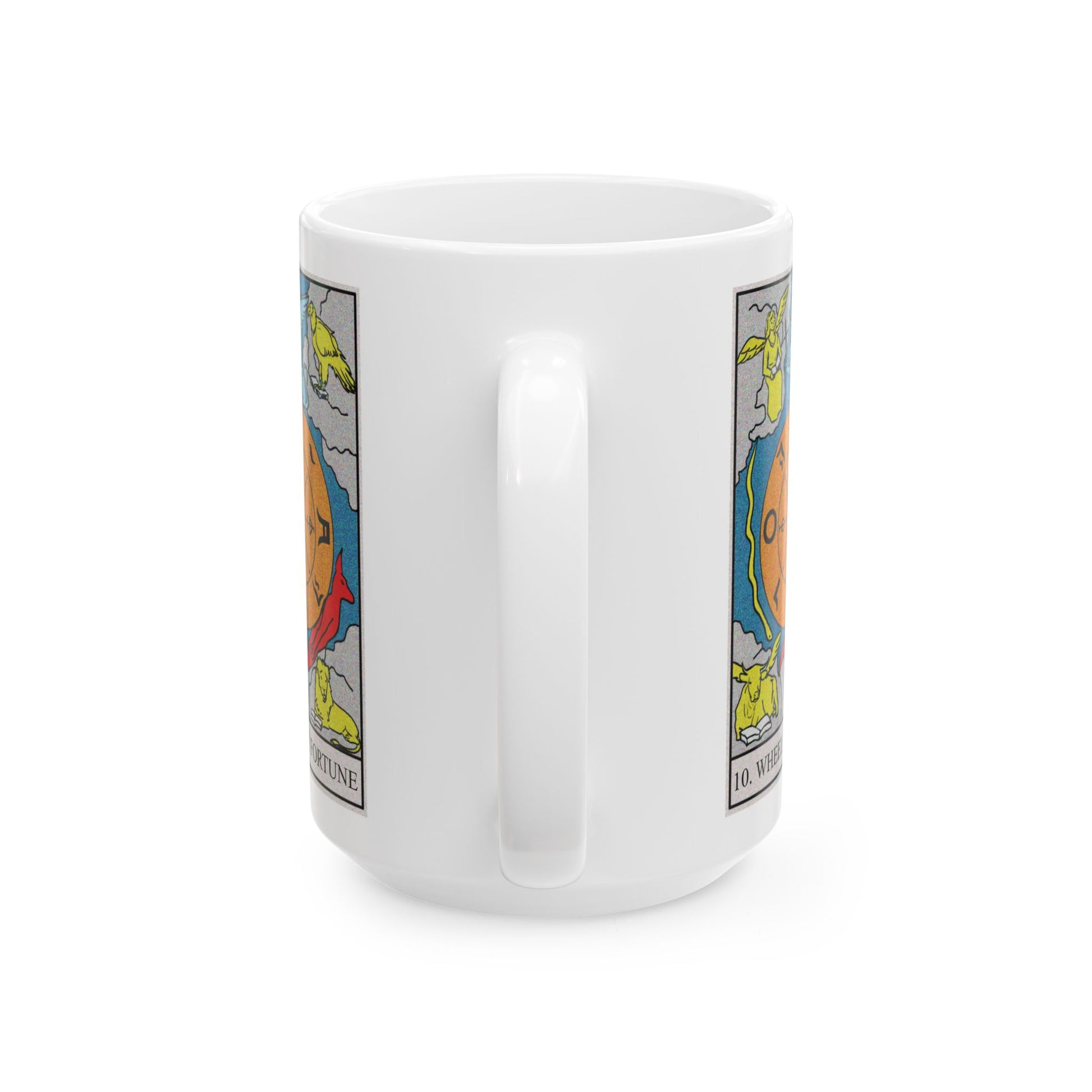 The Wheel of Fortune Tarot Card Coffee Mug - Double Sided White Ceramic 15oz by TheGlassyLass.com