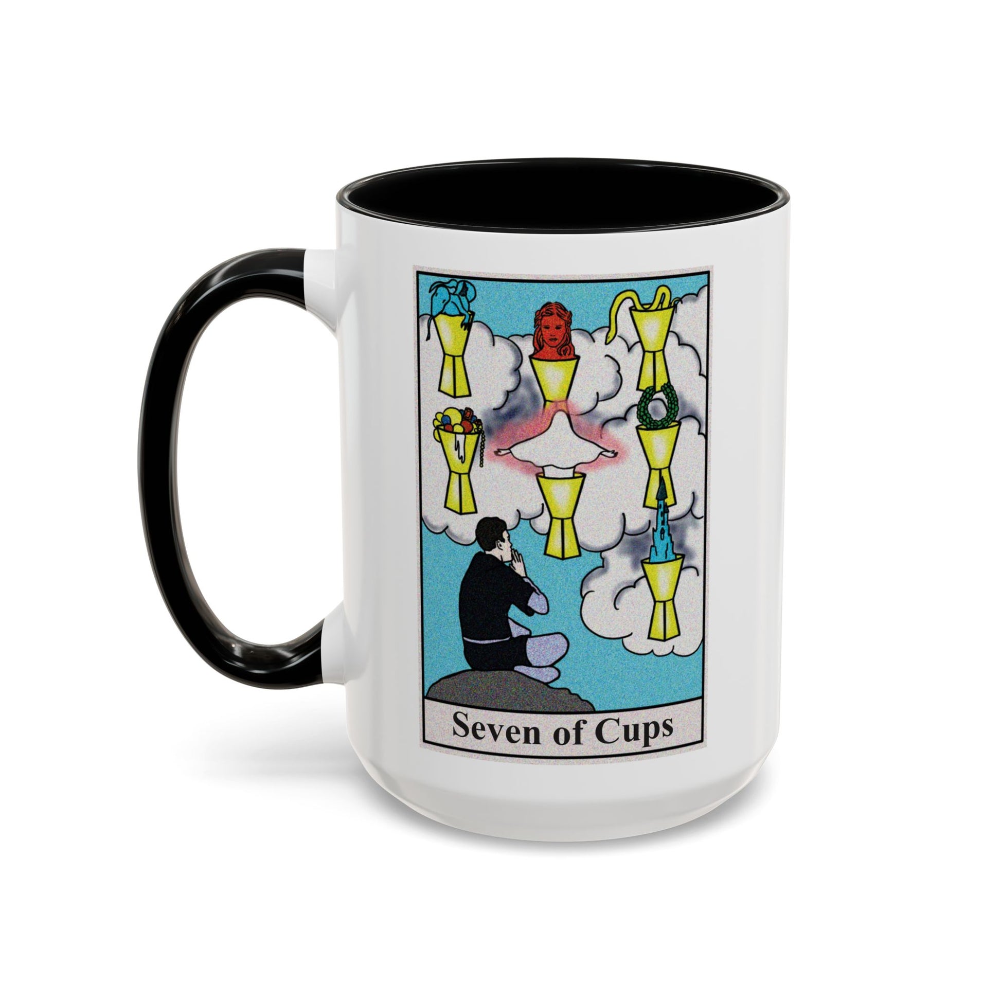 Seven of Cups Tarot Card Coffee Mug - Double Sided Black Accent White Ceramic 15oz by TheGlassyLass.com