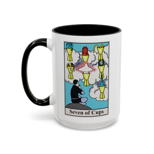 Seven of Cups Tarot Card Coffee Mug - Double Sided Black Accent White Ceramic 15oz by TheGlassyLass.com