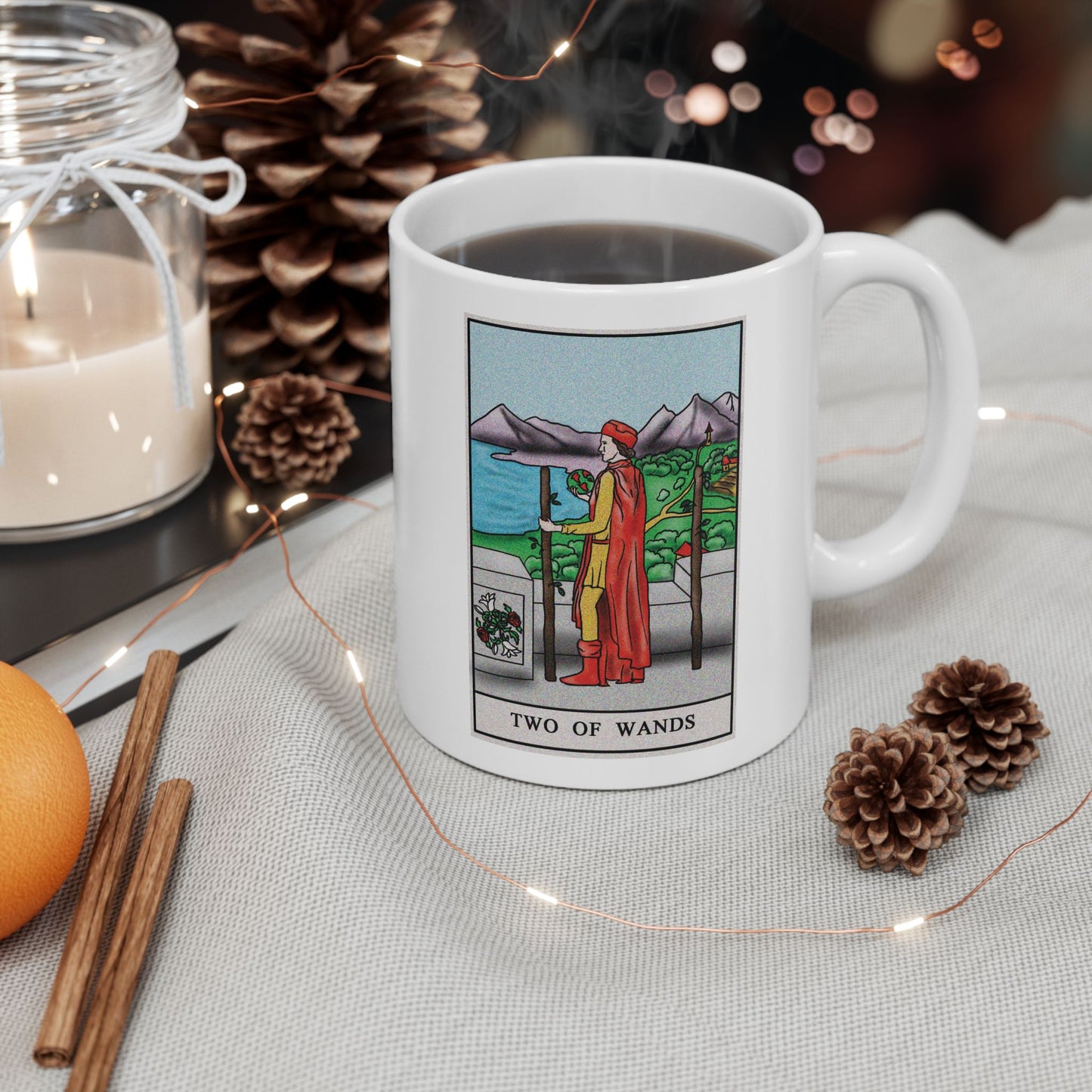 Two of Wands Tarot Card Coffee Mug - Double Sided Print, White Ceramic, 11oz by TheGlassyLass.com