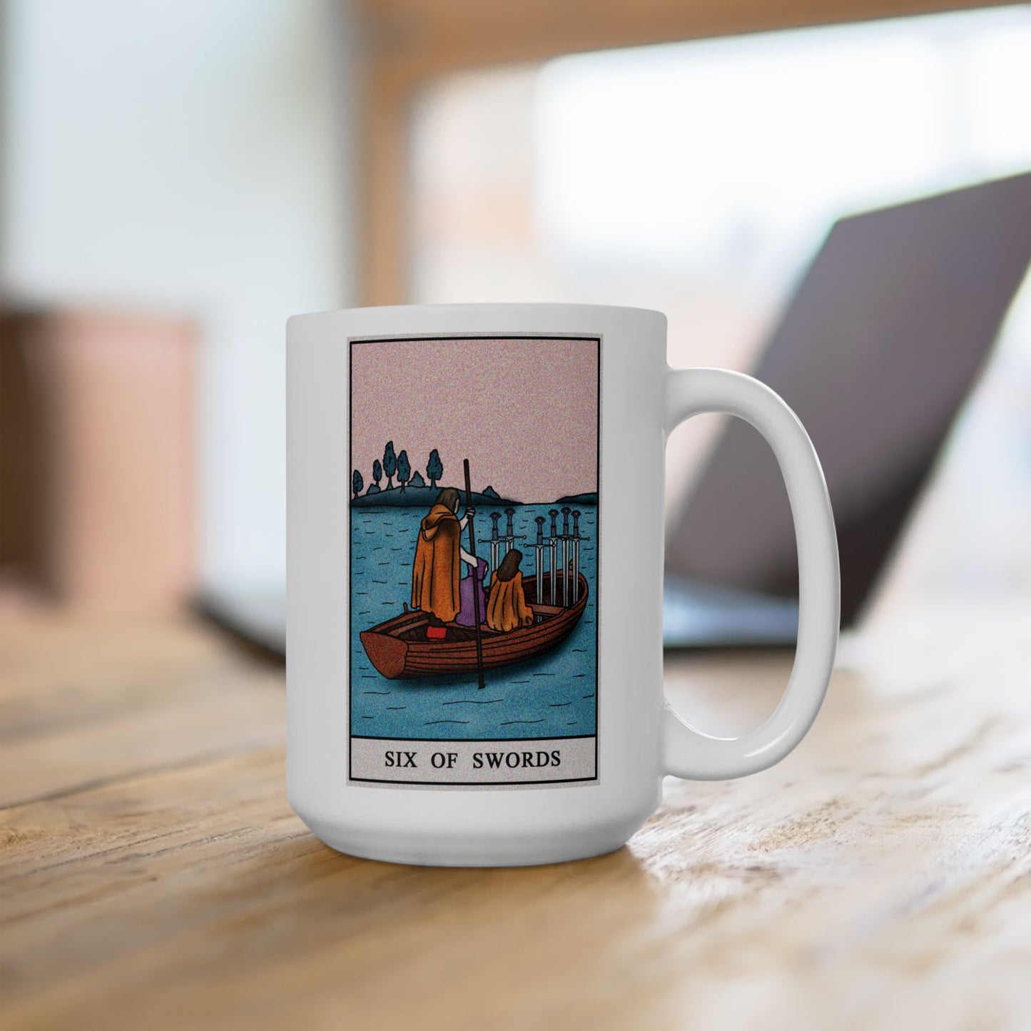 Six of Swords Tarot Card Coffee Mug - Double Sided White Ceramic 15oz by TheGlassyLass