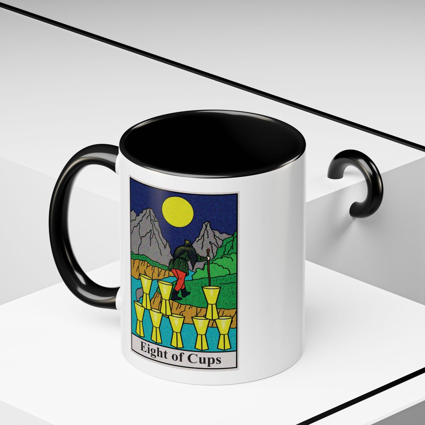Eight of Cups Tarot Card Coffee Mug - Double Sided Print, Black Accent White Ceramic, 11oz by TheGlassyLass.com