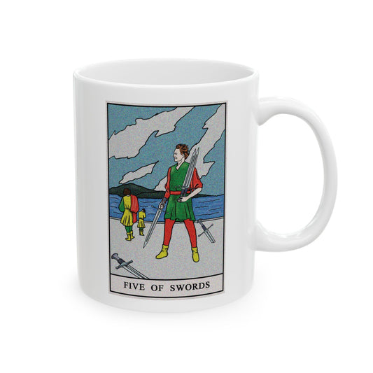 Five of Swords Tarot Card Coffee Mug - Double Sided Print, White Ceramic, 11oz by TheGlassyLass.com