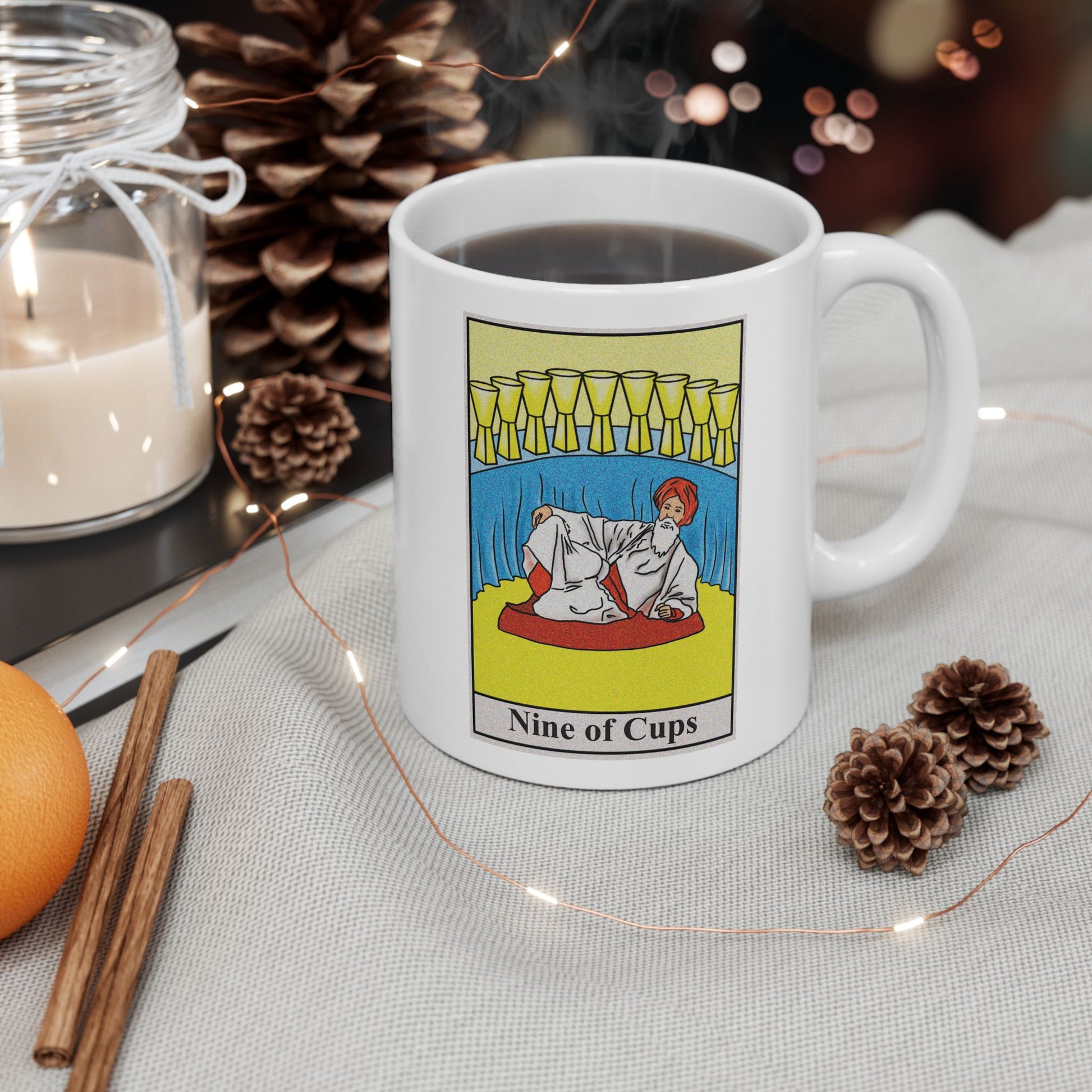 Nine of Cups Tarot Card Coffee Mug - Double Sided Print, White Ceramic, 11oz by TheGlassyLass.com