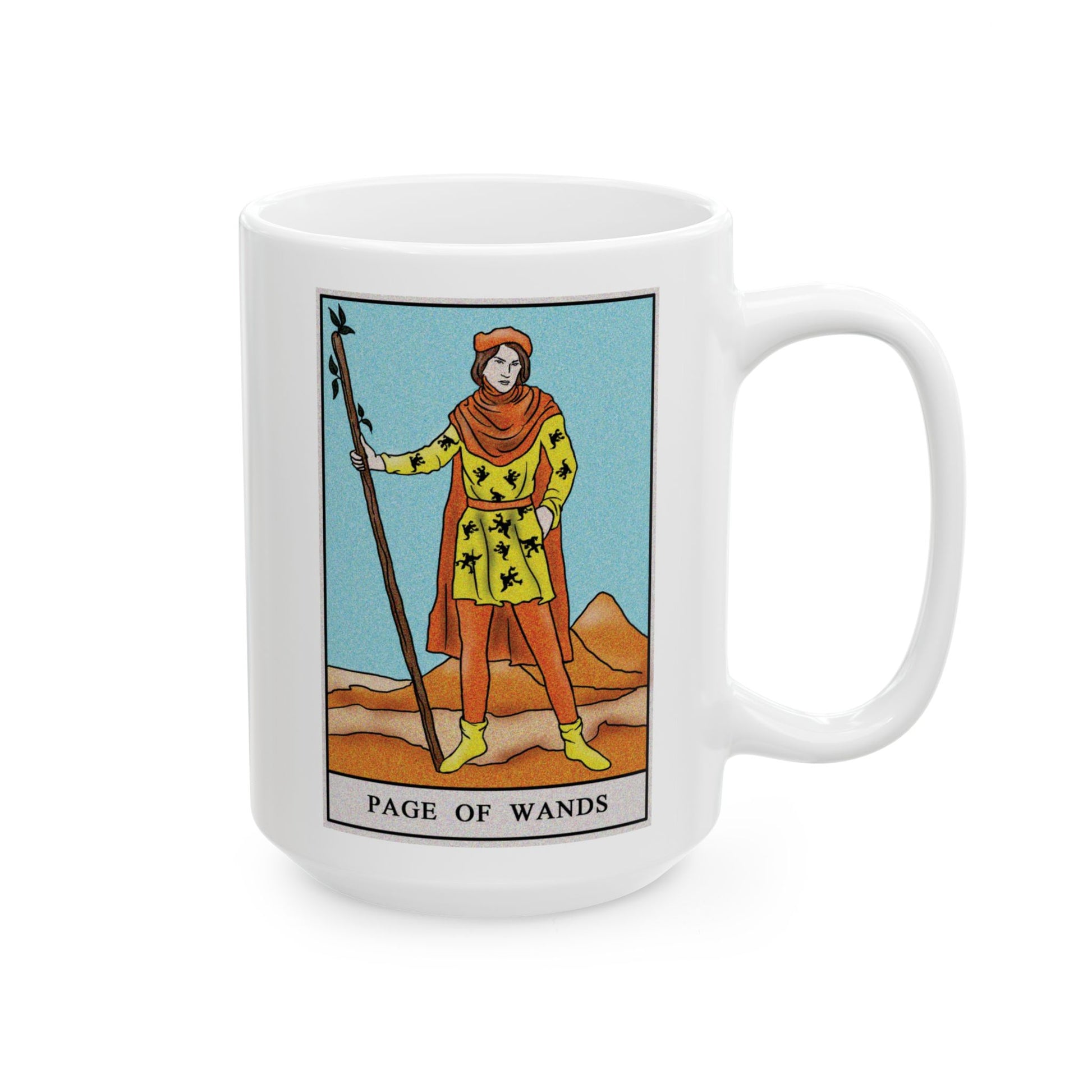 Page of Wands Tarot Card Coffee Mug - Double Sided White Ceramic 15oz by TheGlassyLass.com