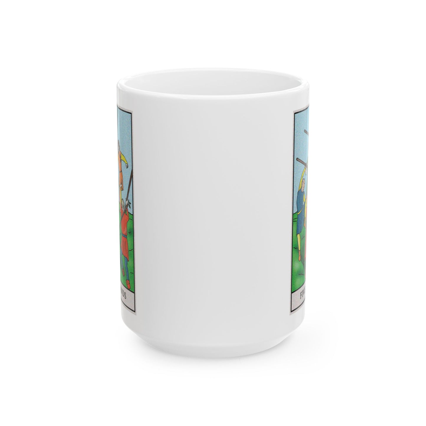 Five of Wands Tarot Card Coffee Mug - Double Sided White Ceramic 15oz by TheGlassyLass.com