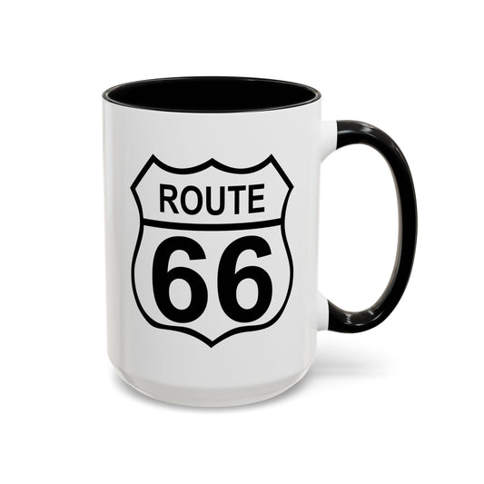 Route 66 Highway Sign Coffee Mug - Double Sided Black Accent White Ceramic 15oz by TheGlassyLass.com