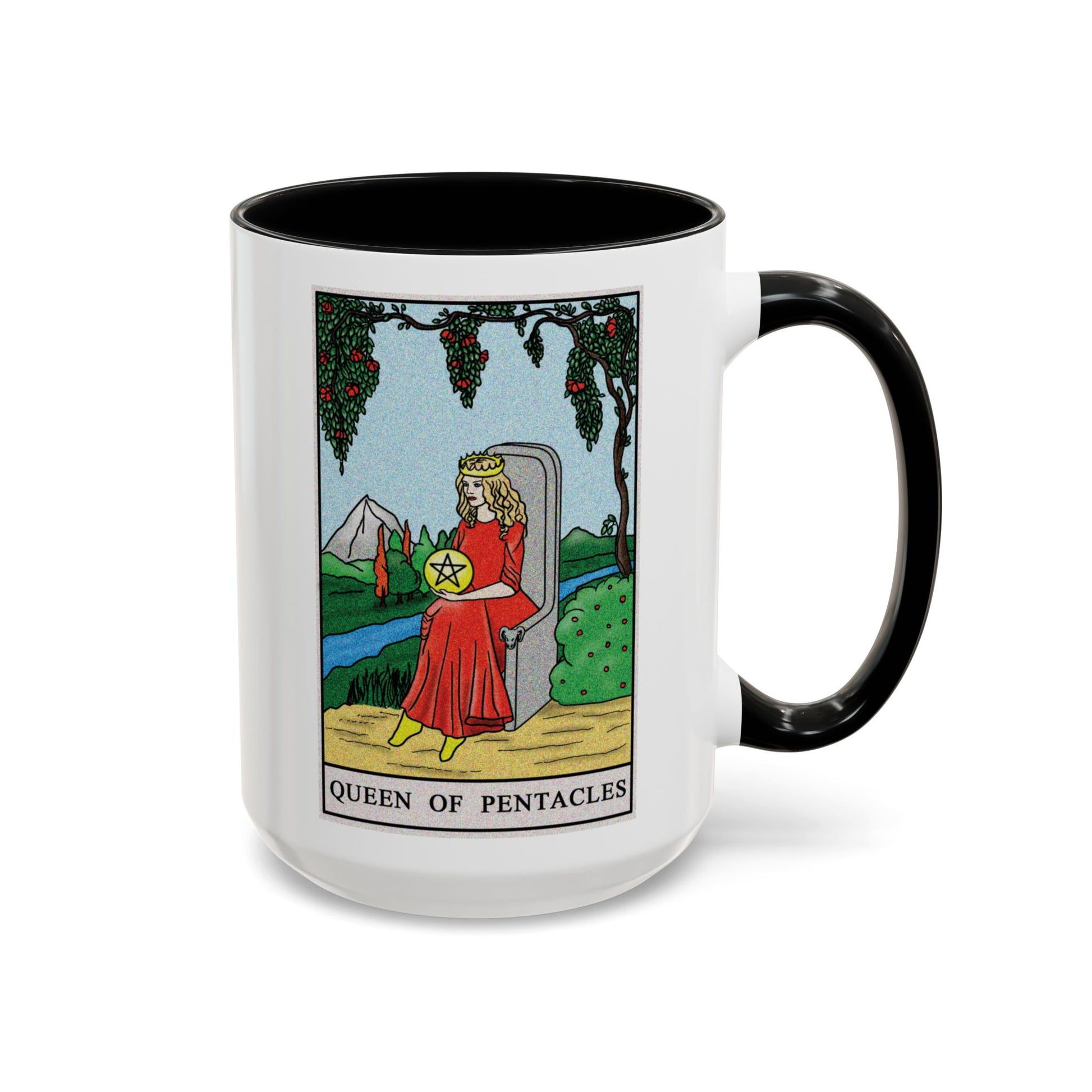 Queen of Pentacles Tarot Card Coffee Mug - Double Sided Black Accent White Ceramic 15oz by TheGlassyLass.com