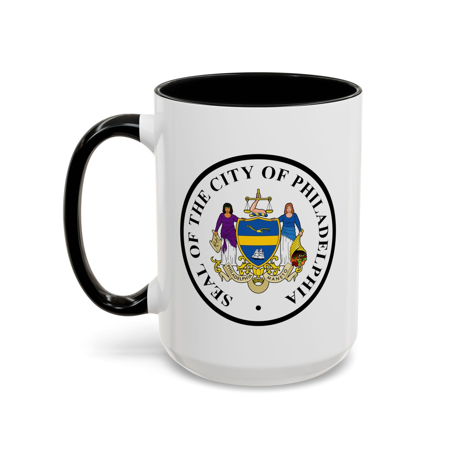 City of Philadelphia Seal Coffee Mug - Double Sided Print, Black Accent White Ceramic, 15oz by TheGlassyLass.com