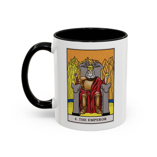 The Emperor Tarot Card Coffee Mug - Double Sided Print, Black Accent White Ceramic, 11oz by TheGlassyLass.com