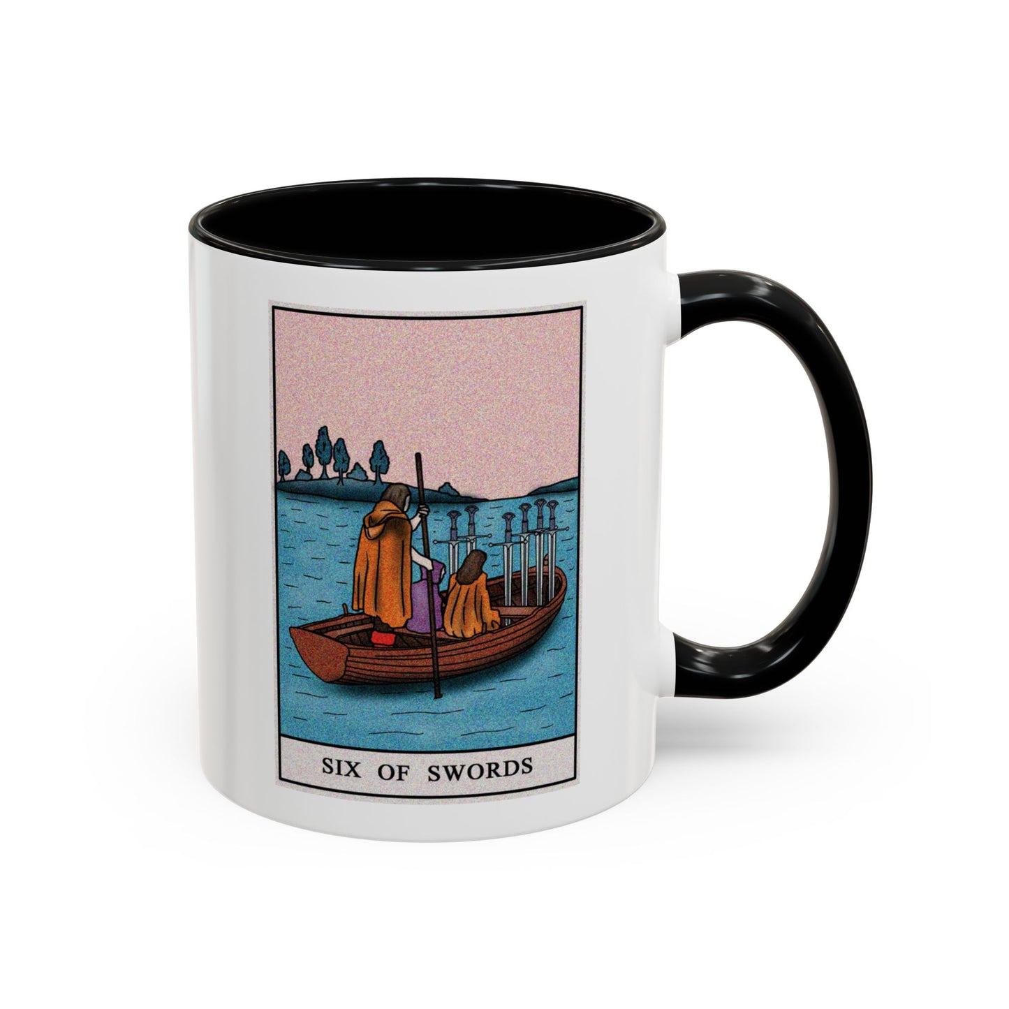 Seven of Swords Tarot Card Coffee Mug - Double Sided Print, Black Accent White Ceramic, 11oz by TheGlassyLass.com