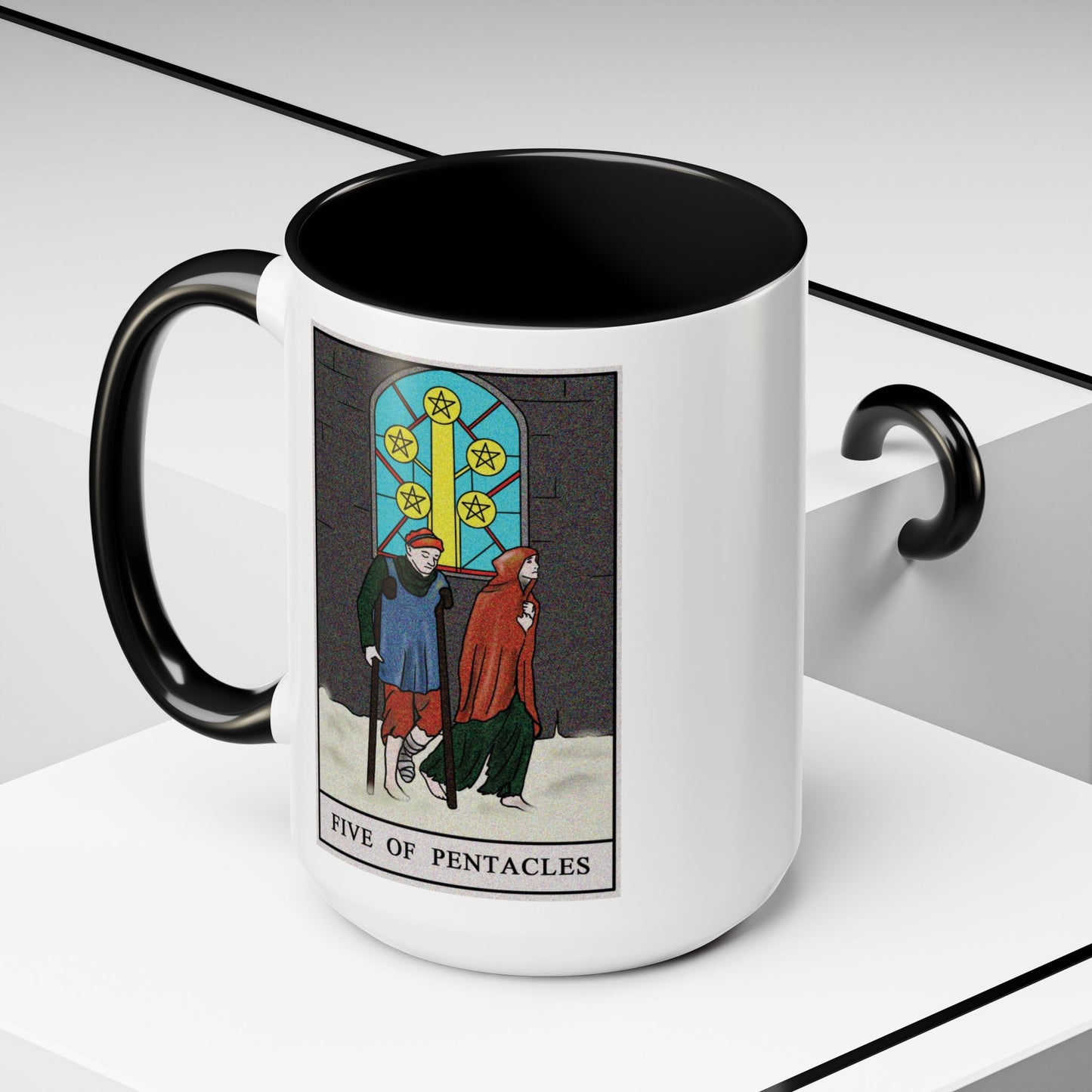 Five of Pentacles Tarot Card Coffee Mug - Double Sided Black Accent White Ceramic 15oz by TheGlassyLass.com