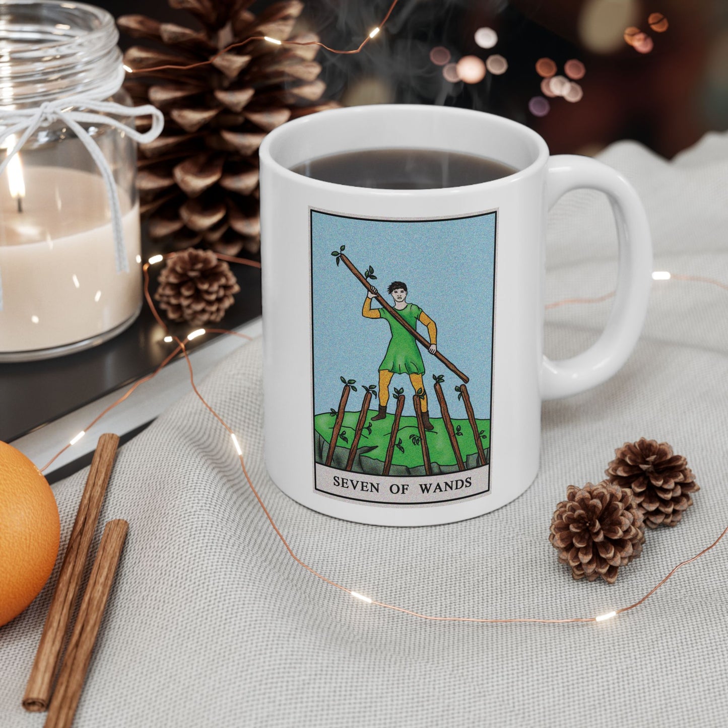 Seven of Wands of Wands Tarot Card Coffee Mug - Double Sided Print, White Ceramic, 11oz by TheGlassyLass.com