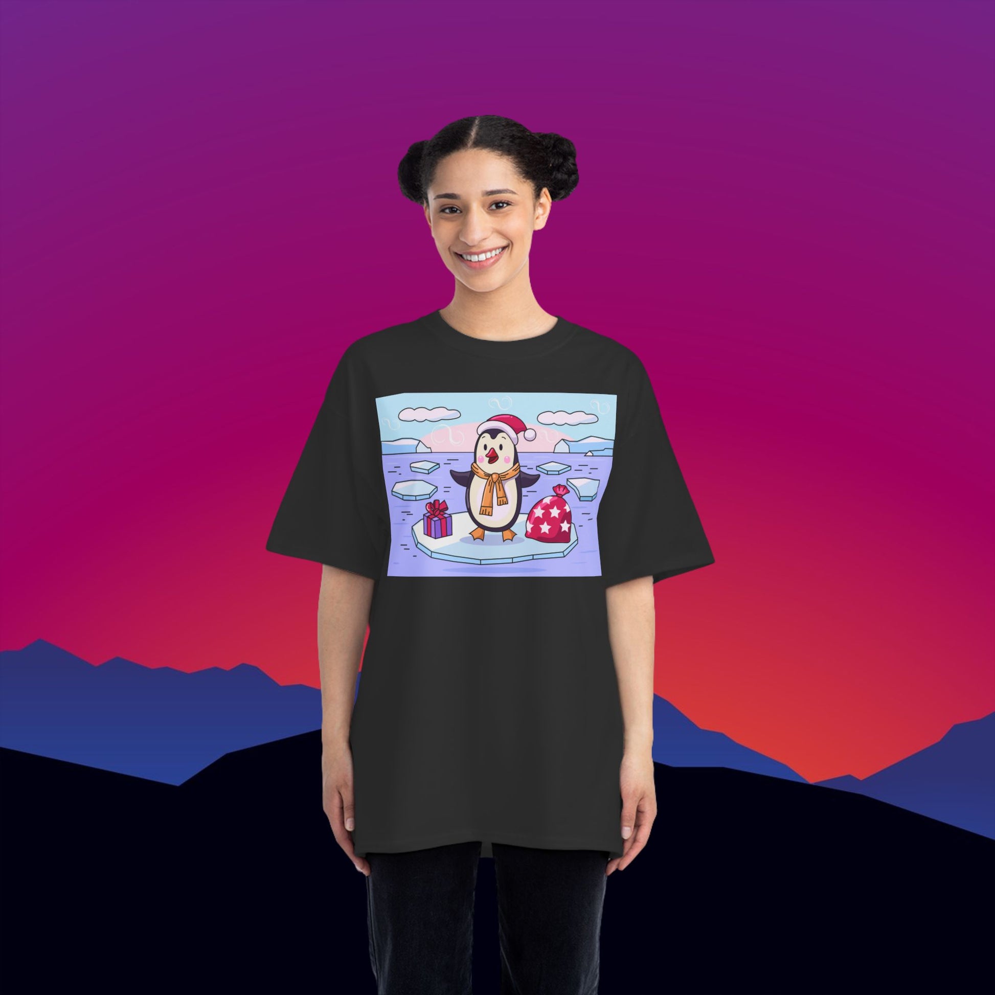 Christmas Penguin T-Shirt: (Hanes Beefy-T 100% Preshrunk Cotton Custom Printed by TheGlassyLass.com