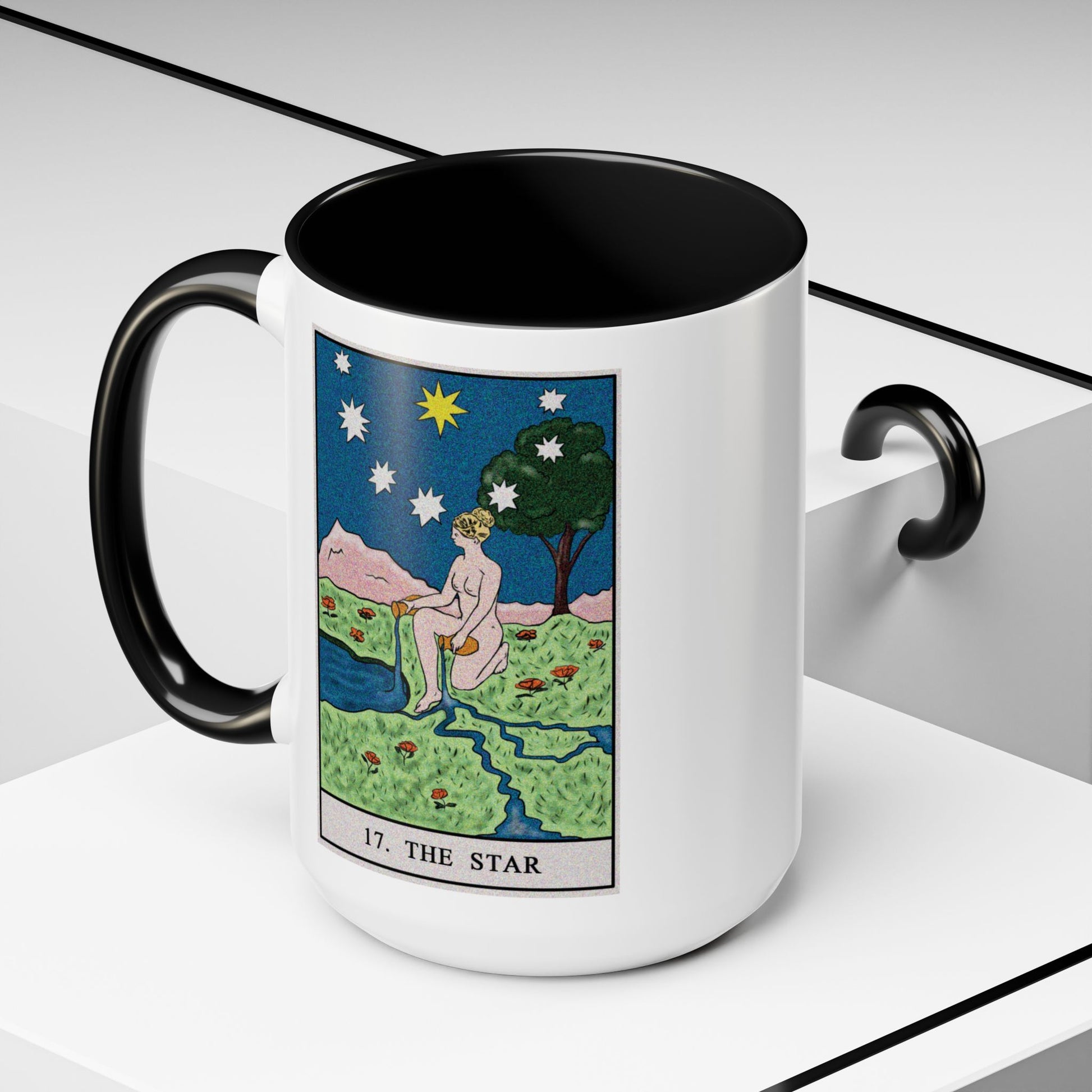 The Star Tarot Card Coffee Mug - Double Sided Black Accent White Ceramic 15oz by TheGlassyLass.com