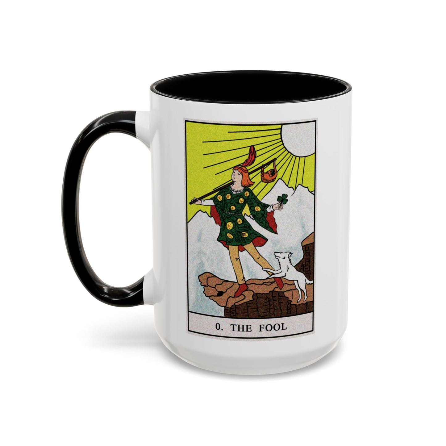 The Fool Tarot Card Coffee Mug - Double Sided Black Accent White Ceramic 15oz by TheGlassyLass.com