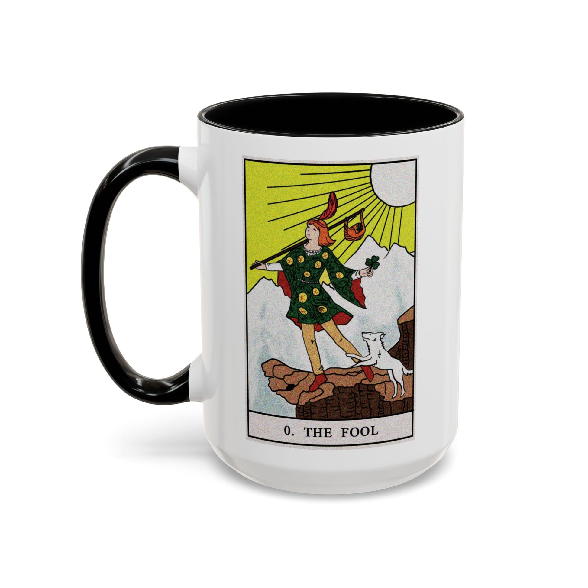 The Fool Tarot Card Coffee Mug - Double Sided Black Accent White Ceramic 15oz by TheGlassyLass.com