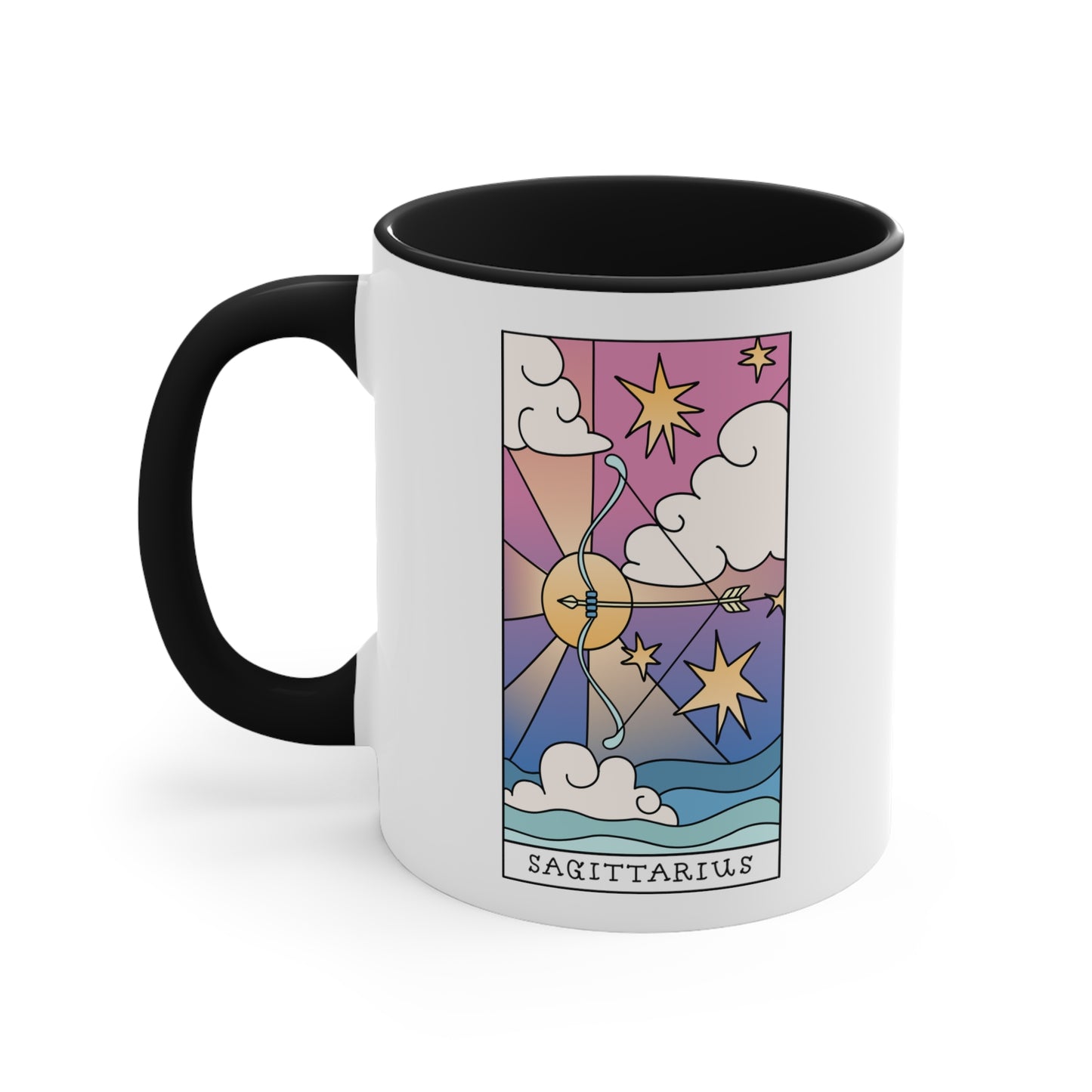 This listing is for a Premium Quality 11oz Black Accent White Ceramic coffee / tea mug with a double sided Sagittarius Tarot Card