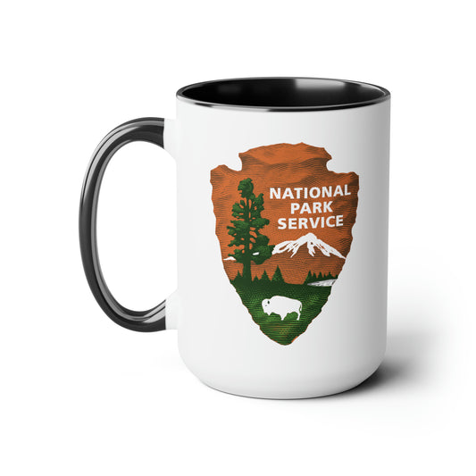 National Park Service Coffee Mug - Double Sided Black Accent White Ceramic 15oz by TheGlassyLass