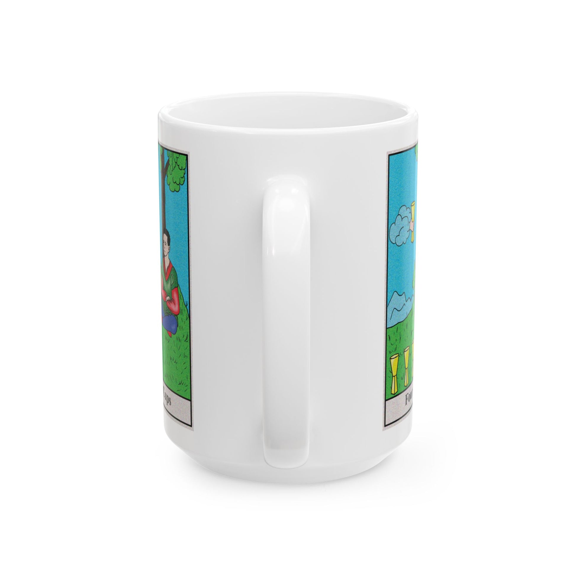 Four of Cups Tarot Card Coffee Mug - Double Sided White Ceramic 15oz by TheGlassyLass.com