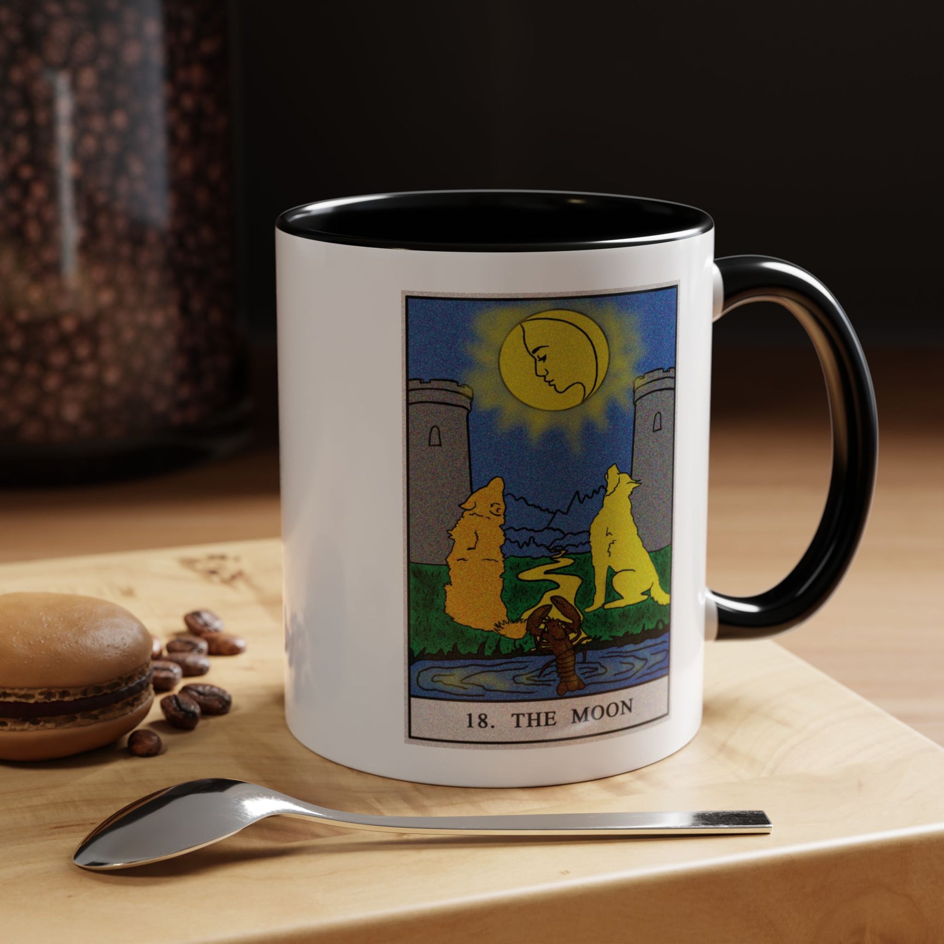 The Moon Tarot Card Coffee Mug - Double Sided Print, Black Accent White Ceramic, 11oz by TheGlassyLass.com
