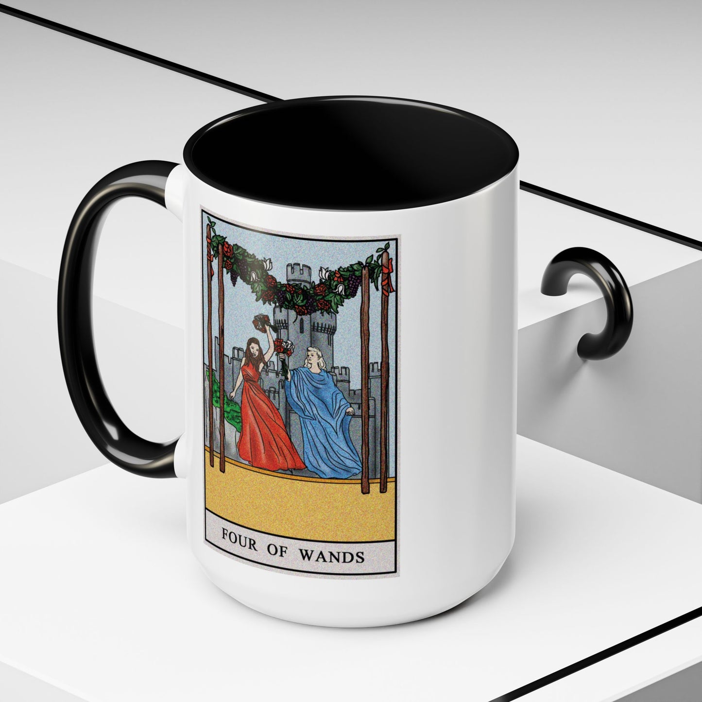 Four of Wands Tarot Card Coffee Mug - Double Sided Black Accent White Ceramic 15oz by TheGlassyLass.com